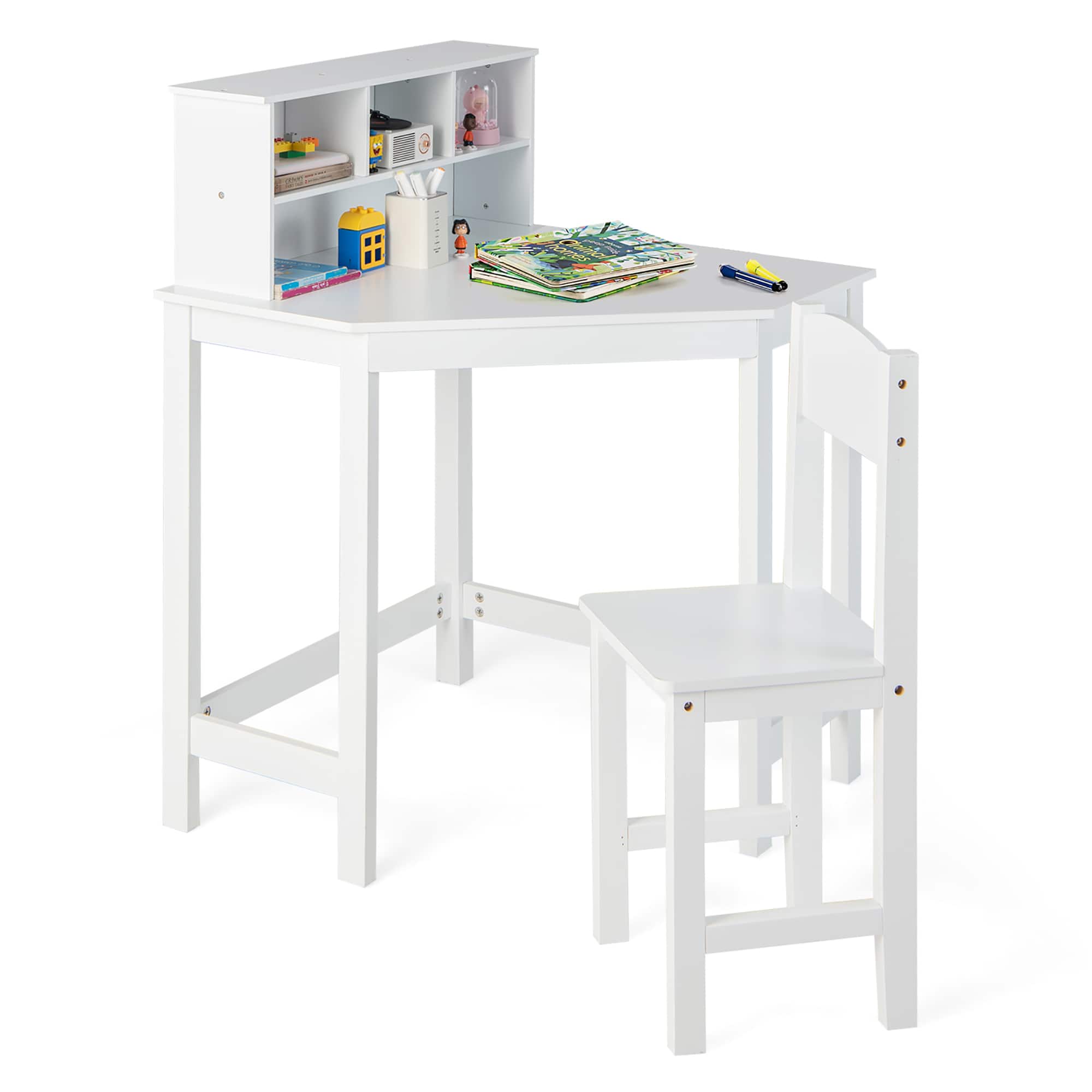 Costway - Kids Corner Desk & Chair Set Wooden Study Writing Workstation with Storage & Hutch - White