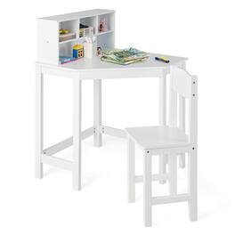 Costway - Kids Corner Desk & Chair Set Wooden Study Writing Workstation with Storage & Hutch - White