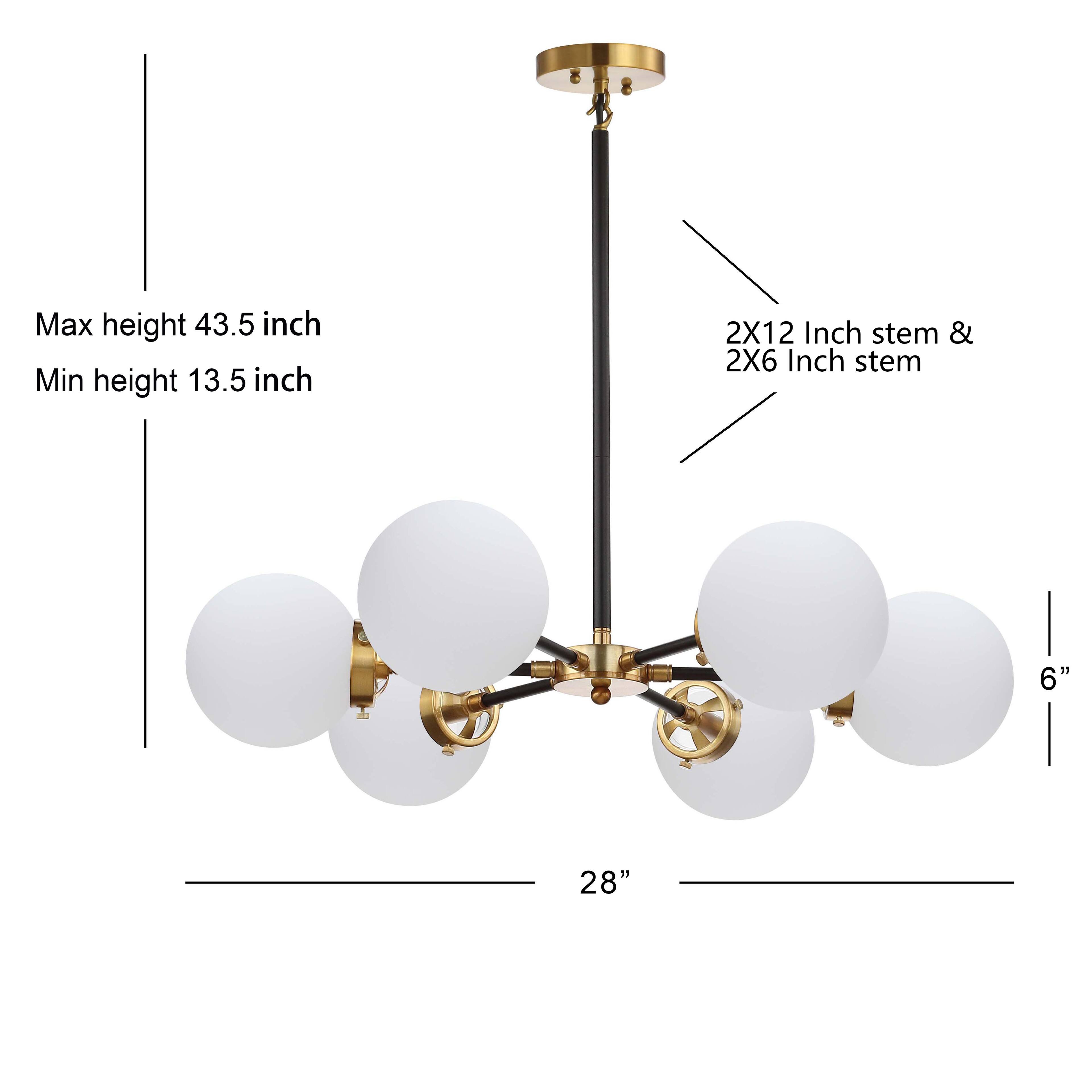 Max height 43.5 inch  
Min height 13.5 inch  
2X12 Inch stem & 2X6 Inch stem  
6"  
28"