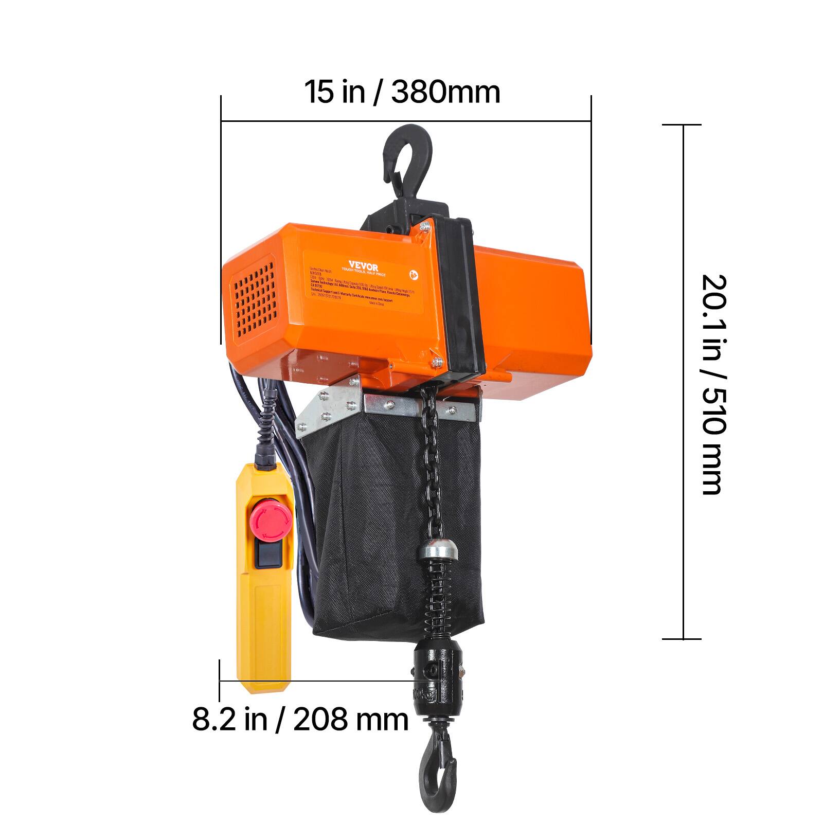 15 in / 380mm  
20.1 in / 510 mm  
8.2 in / 208 mm