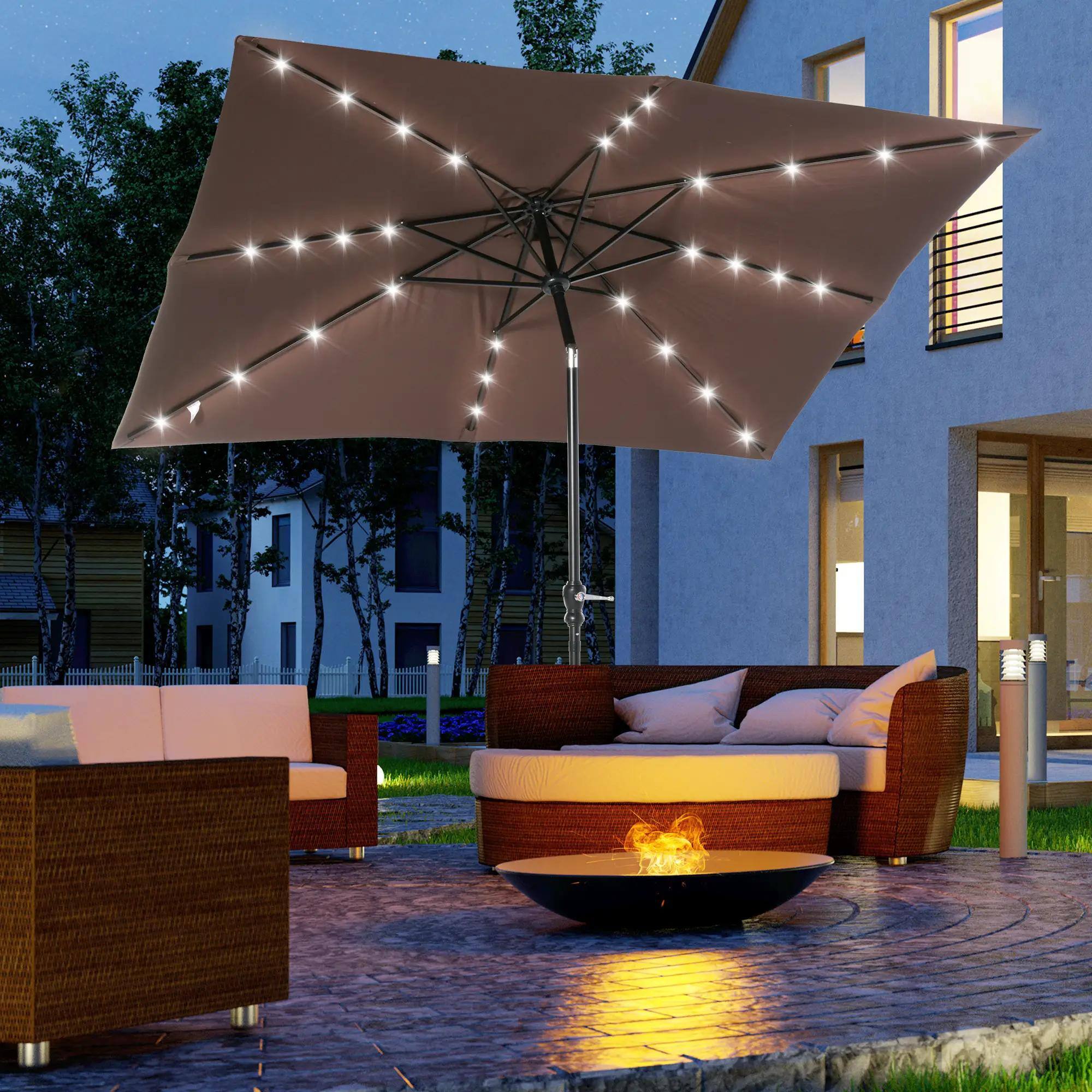 Angle. Spaco - Spaco 9 x 7 FT Solar Patio Umbrella, LED Lights, Crank Tilt,for Deck or Pool - Brown.