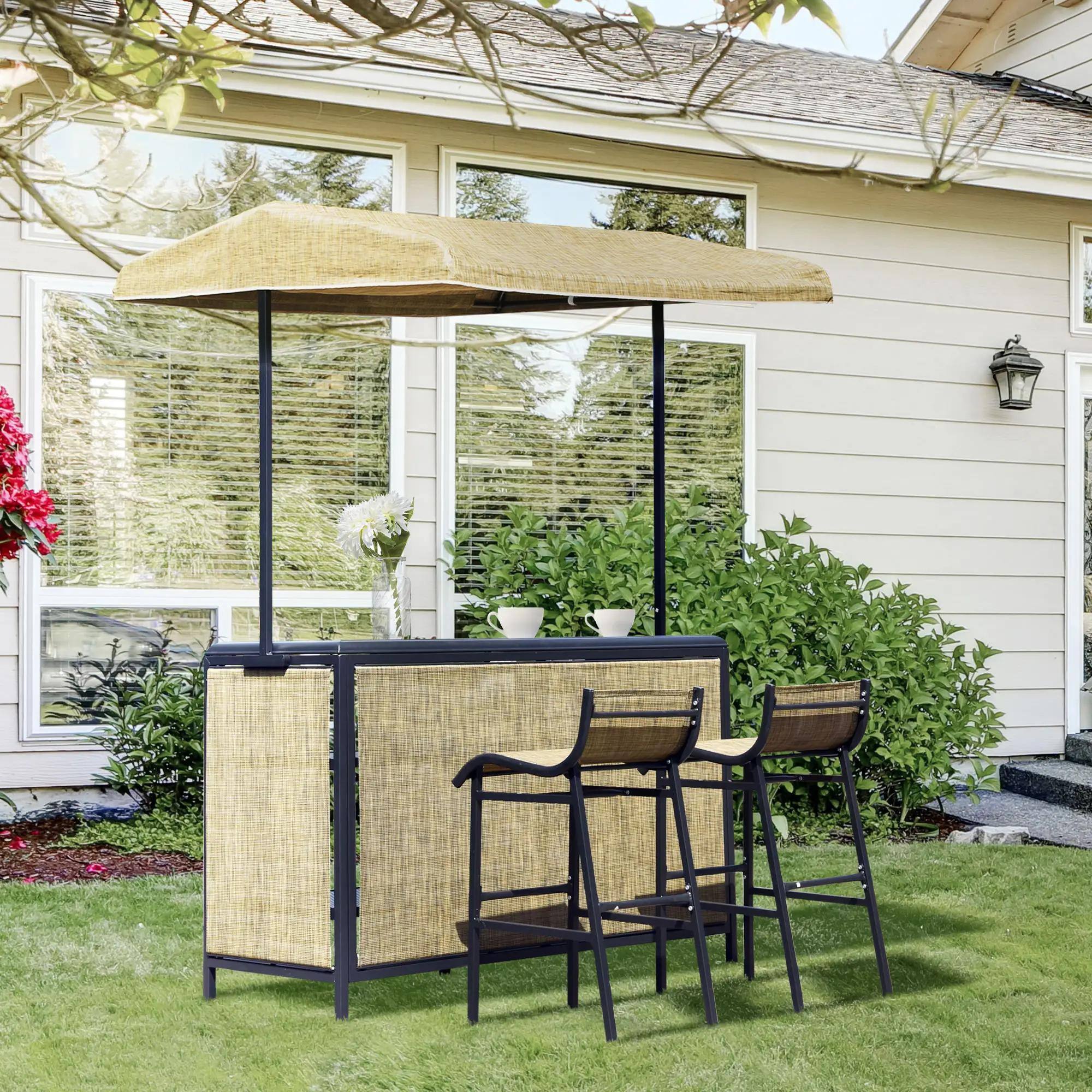Angle. Resenkos - Resenkos 3 Pieces Outdoor Bar Set, Tempered Glass, Two Mesh Cloth Chairs, A Mesh Cloth Canopy, Beige and Black - Beige and Black.