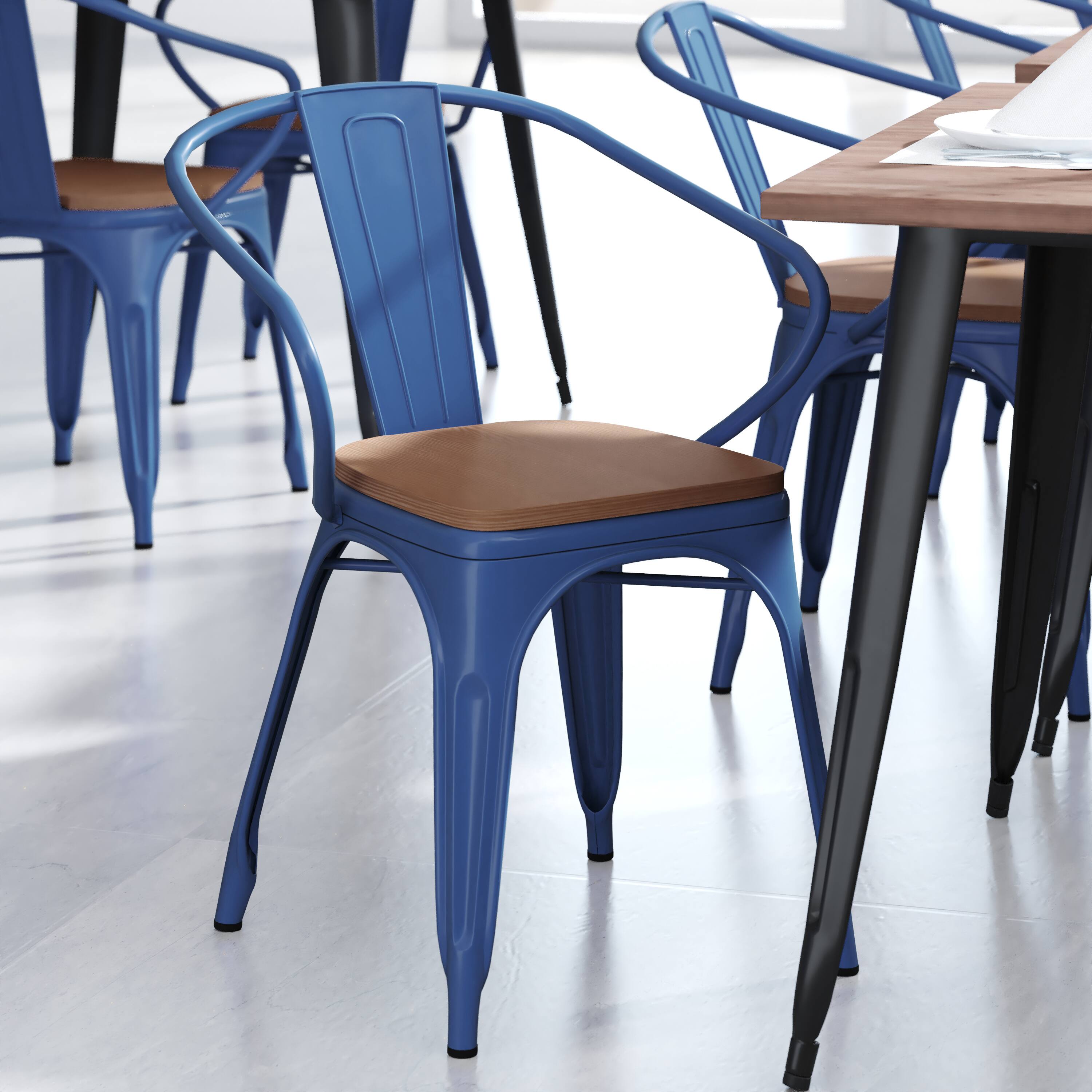 Alt View 3. Emma + Oliver - Alva Metal Indoor-Outdoor Stacking Chair with Vertical Slat Back, Arms and All-Weather Polystyrene Seat - Teak Seat/Blue Frame.