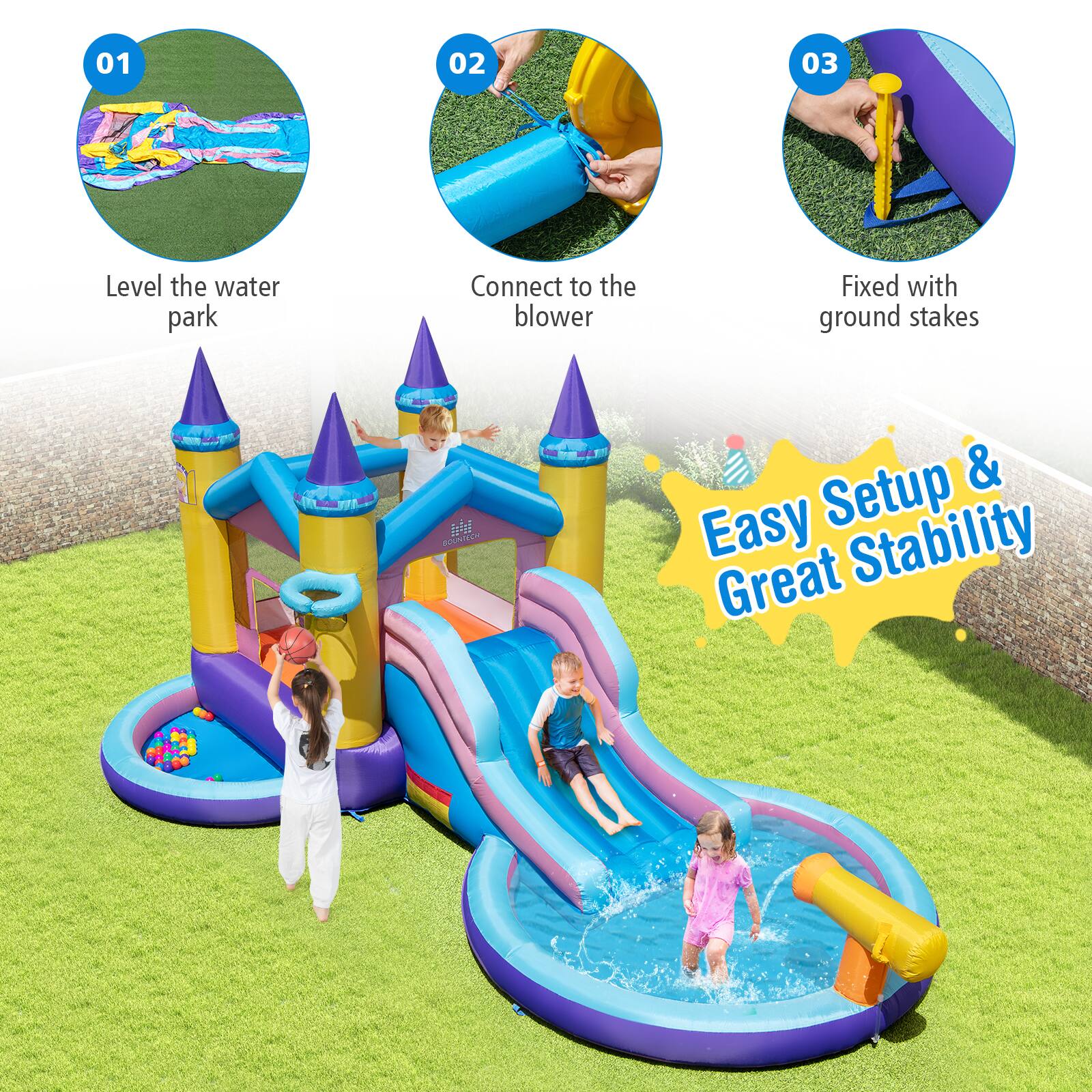 01 Level the water park  
02 Connect to the blower  
03 Fixed with ground stakes  

Easy Setup & Great Stability
