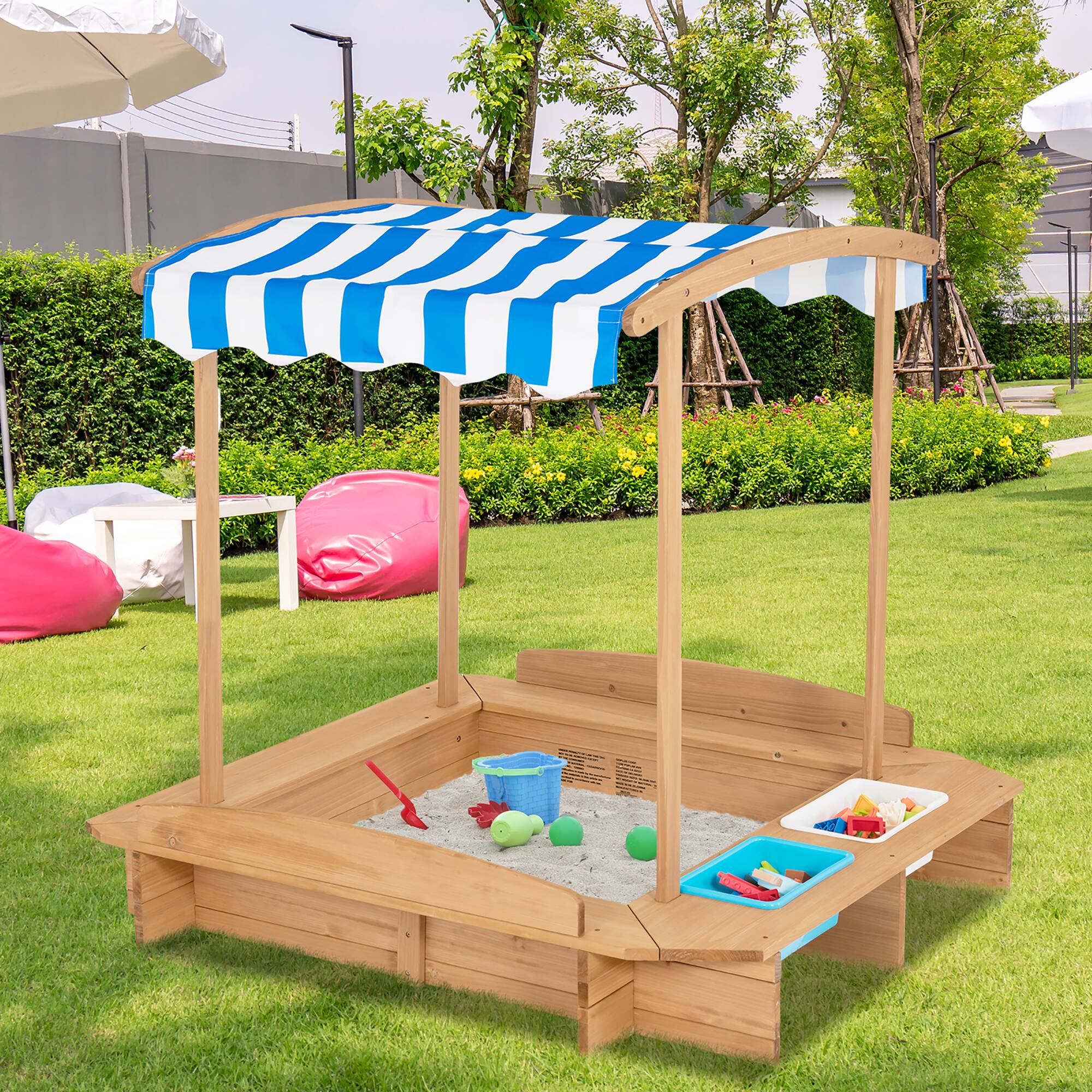 Alt View 1. Costway - Costway Kids Large Wooden Sandbox w/ 2 Bench Seats Outdoor Play for Children - Natural.