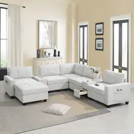 LUCKY ONE - 104" L-Shape U-Shape Modular Chenille Sectional Sofa w/ 2 Consoles USB Charger Ottoman - Light Gray