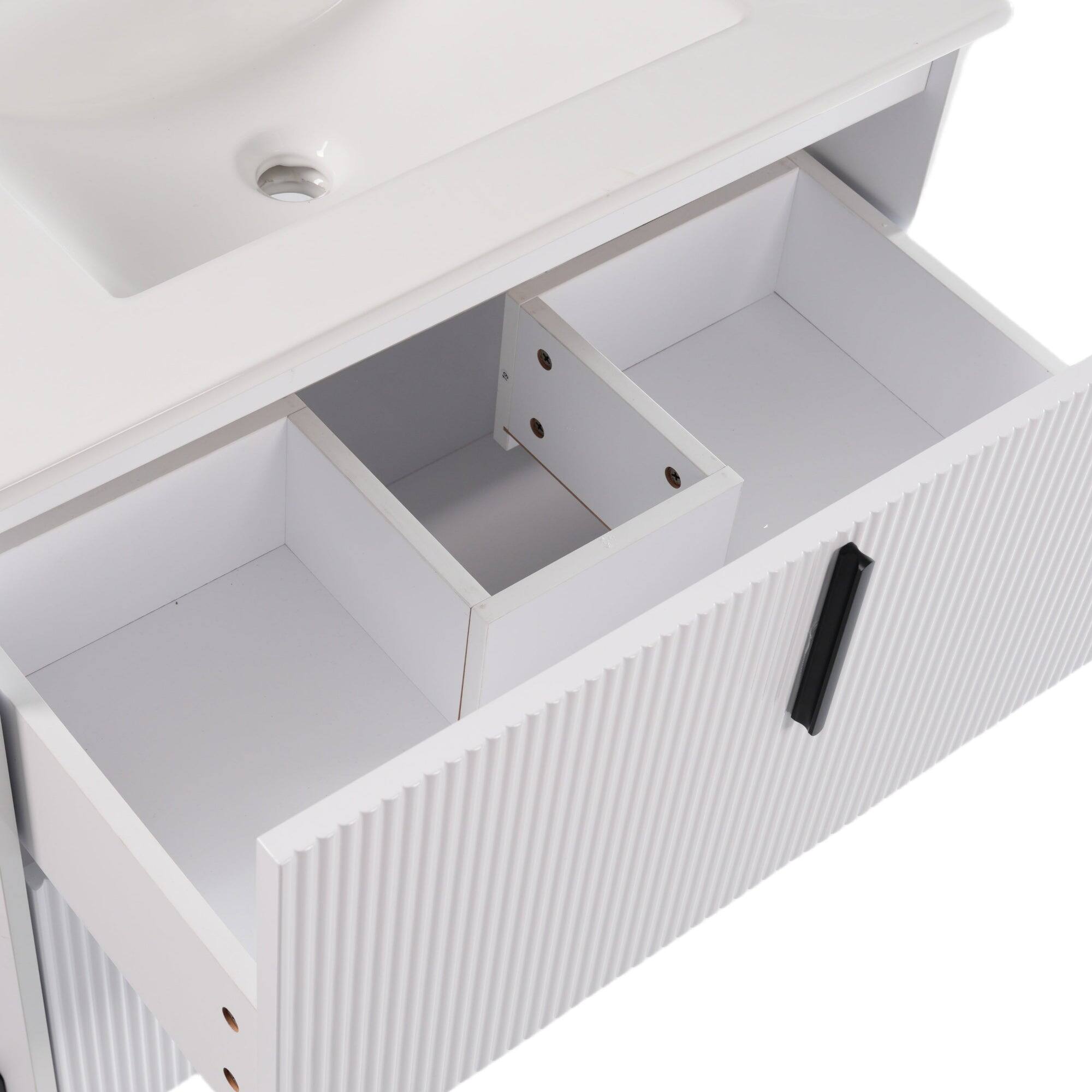 Left. Boyel Living - 30 Inch Bathroom Vanity with Ceramic Sink Full Extension Drawers Soft Close Fluted Design White - White.