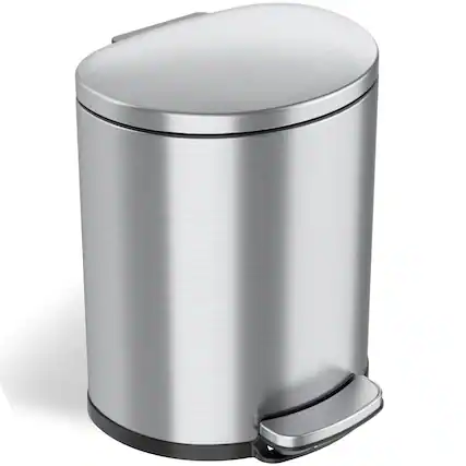 Front. iTouchless - 5 Gallon SoftStep Semi-Round Stainless Steel Step Bathroom Trash Can with AbsorbX Odor Filter - Silver.