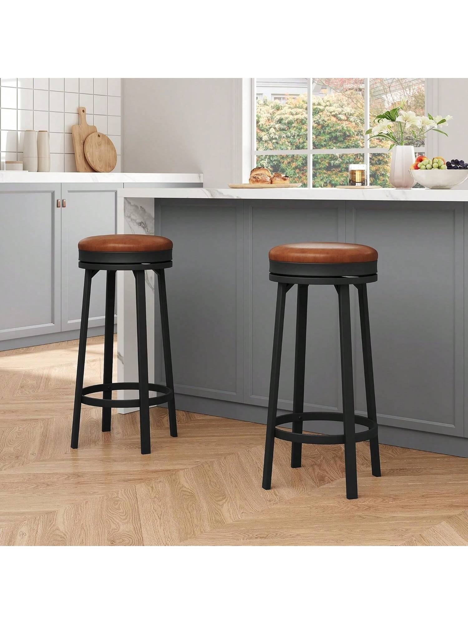 Left. GARVEE - 30" Swivel Bar Stools Set of 2 with Footrest, Modern Counter Height Barstools with PU Leather Upholstered, Brown - Brown.