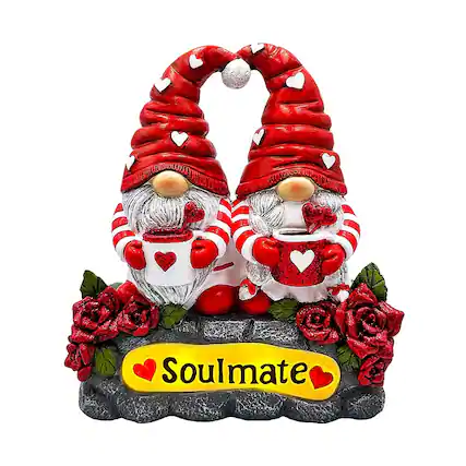 Front. OrnamentallyYou - Soulmate Valentine Gnome Couple LED Figurine, 8" Romantic Room Statue Decoration - Red.