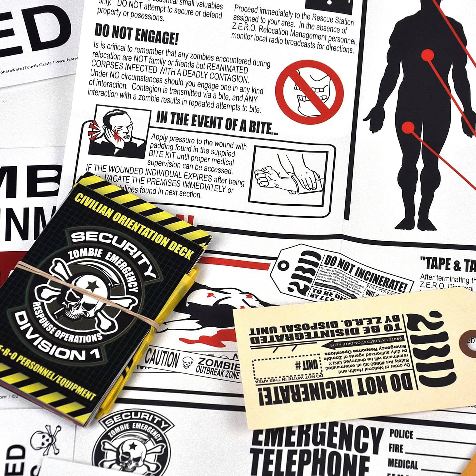 DO NOT ENGAGE!  
Is it critical to remember that any zombies encountered during relocation are NOT family or friends but REANIMATED CORPSES INFECTED WITH DEADLY CONTAGION. Under NO circumstances should you engage in any kind of interaction. Contagion is transmitted via a bite, and interaction with a zombie results in repeated attempts to bite.  
IN THE EVENT OF A BITE...  
Apply pressure to the wound with padding found in the supplied BITE KIT until proper medical supervision can be accessed. IF THE WOUNDED INDIVIDUAL EXPIRES after being found in next section, VACATE THE PREMISES IMMEDIATELY or lines found in next section.  
CIVILIAN ORIENTATION  
SECURITY DECK  
ZOMBIE EMERGENCY  
RESPONSE DIVISION 1  
CAUTION  
ZOMBIE OUTBREAK ZONE  
DO NOT INCINERATE!  
TAPE & TAPE  
After terminating the Z.E.R.O. personnel,  
EMERGENCY TELEPHONE  
POLICE  
FIRE  
MEDICAL