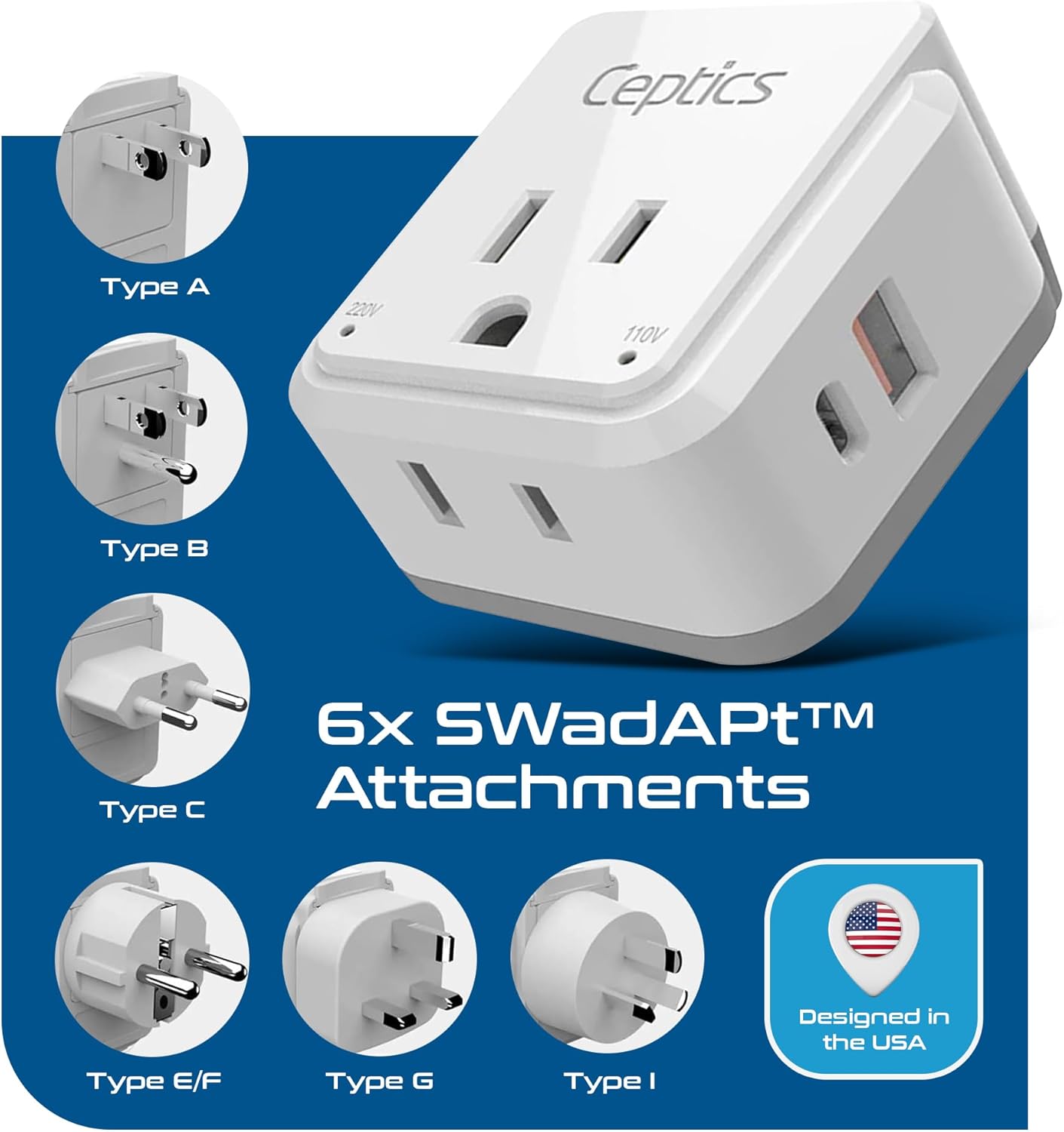 Ceptics  
6x SWadAPT™ Attachments  
Type A  
Type B  
Type C  
Type E/F  
Type G  
Type I  
Designed in the USA