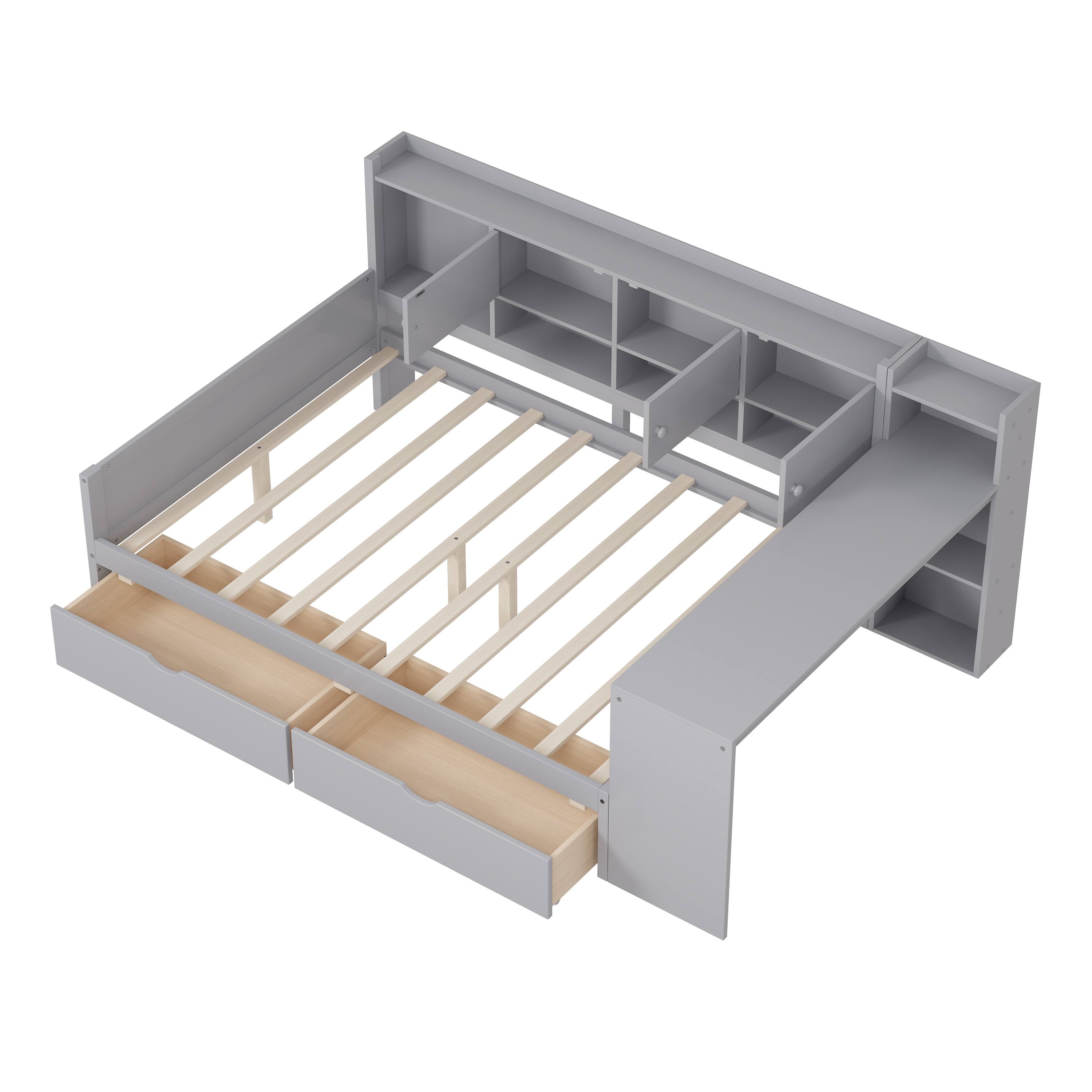 Alt View 6. Tiramisubest - Full Size Daybed with Cabinets and 2 Drawers,Multi-functional Daybed Frame with Study Desk and Built-in Bookshelf,Gray - Gray.