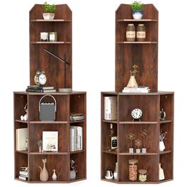 Gymax - Set Of 2 6-Tier Corner Shelf 63'' Tall Corner Bookshelf w/ 2 USB Ports & Charging - Brown