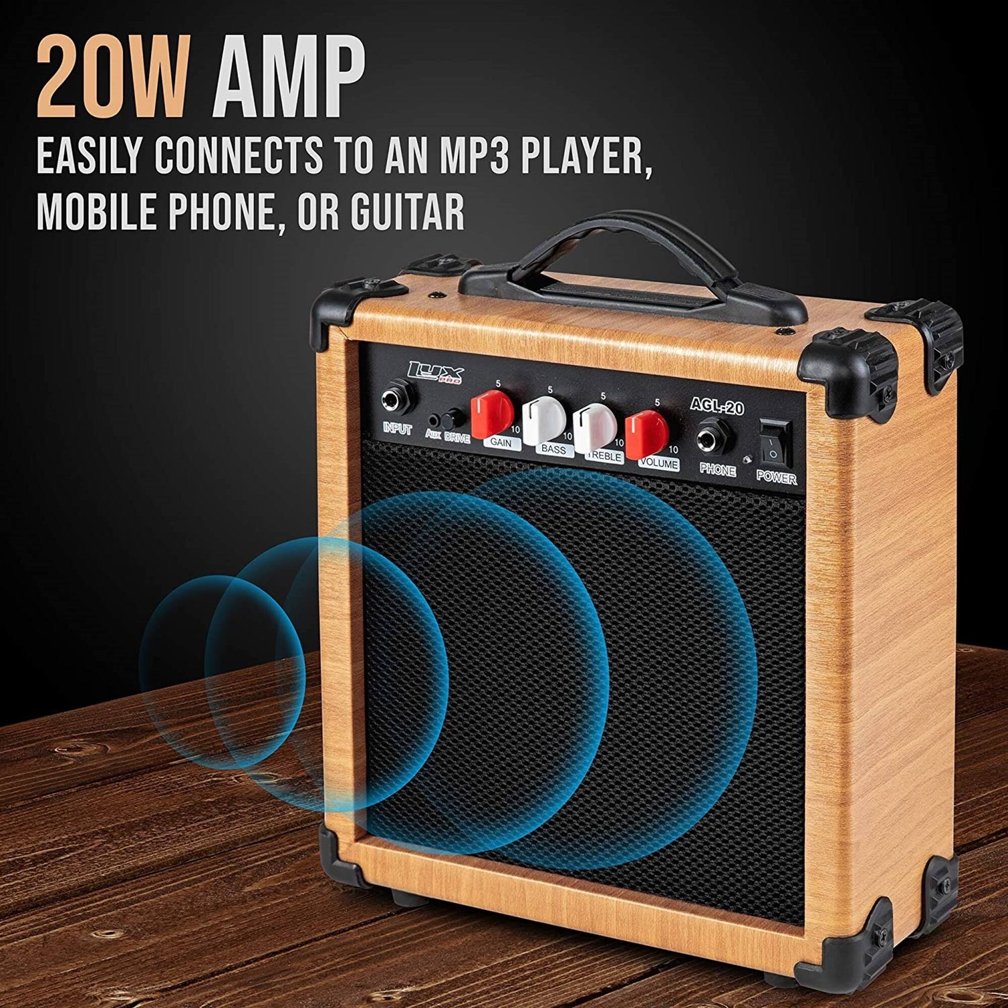 20W AMP EASILY CONNECTS TO AN MP3 PLAYER, MOBILE PHONE, OR GUITAR 10053 10 052 ddm 5 SUT - 19 - GAIN 5 10 BASS & 5 AGL-20 10 1 10 REBLE OLUME POOCUSN POWER