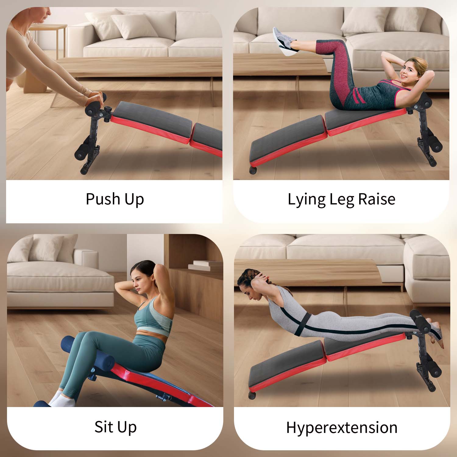 Push Up  
Lying Leg Raise  
Sit Up  
Hyperextension