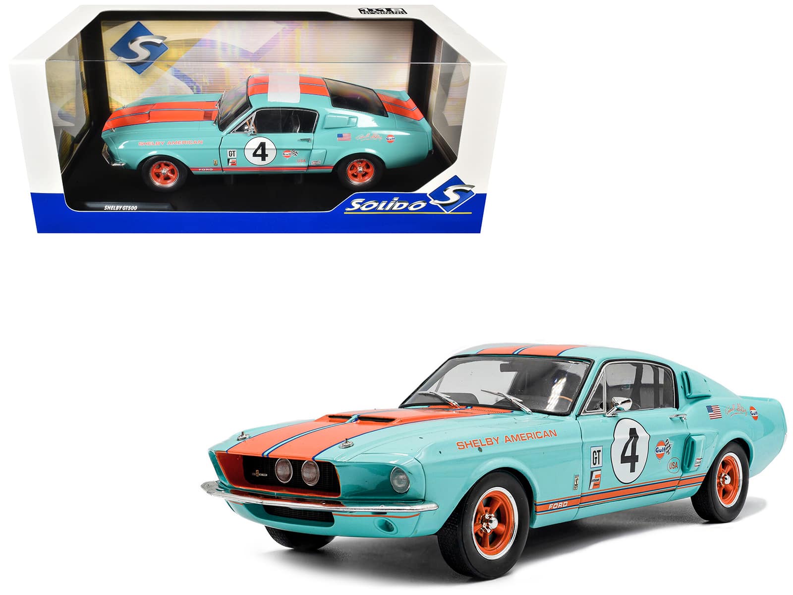 "1967 Shelby GT500 #4 ""Gulf Racing Tribute"" Light Blue with Orange Stripes 1/18 Diecast Model Car by Solido" price history on PriceWatchPro