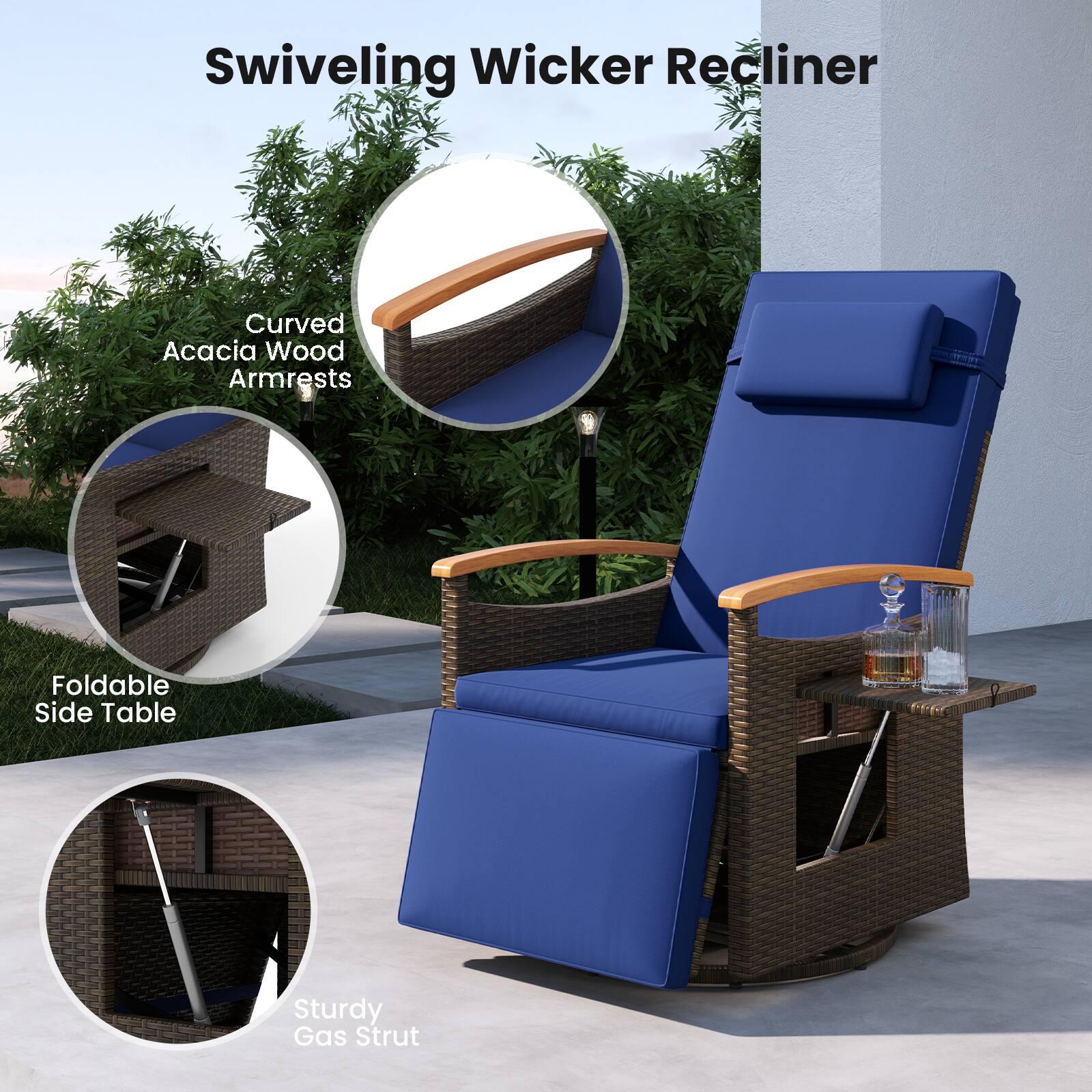 Swiveling Wicker Recliner  
Curved Acacia Wood Armrests  
Foldable Side Table  
Sturdy Gas Strut