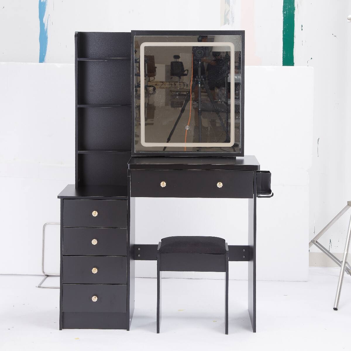 Alt View 4. Loheer - Loheer Makeup Vanity Table with Cushioned Stool, Touch Control LED Sliding Mirror, Black MDF - Black.