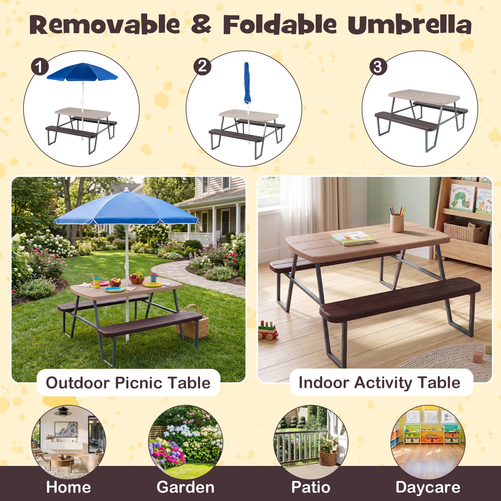 Removable & Foldable Umbrella

1. Outdoor Picnic Table
2. Indoor Activity Table

Home  
Garden  
Patio  
Daycare