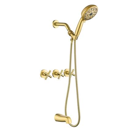 Front. Boyel Living - Brushed Gold Shower Set with 10 Function ABS Handheld Shower Three Handle Control and High Flow Tub Spout - Brushed Gold.