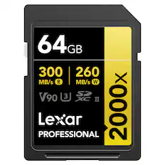 64 GB
300 MB/s R
260 MB/s W
V90
XC II
2000x
Lexar PROFESSIONAL