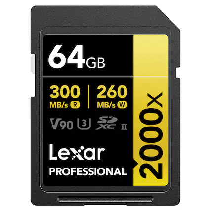 64 GB
300 MB/s R
260 MB/s W
V90
XC II
2000x
Lexar PROFESSIONAL