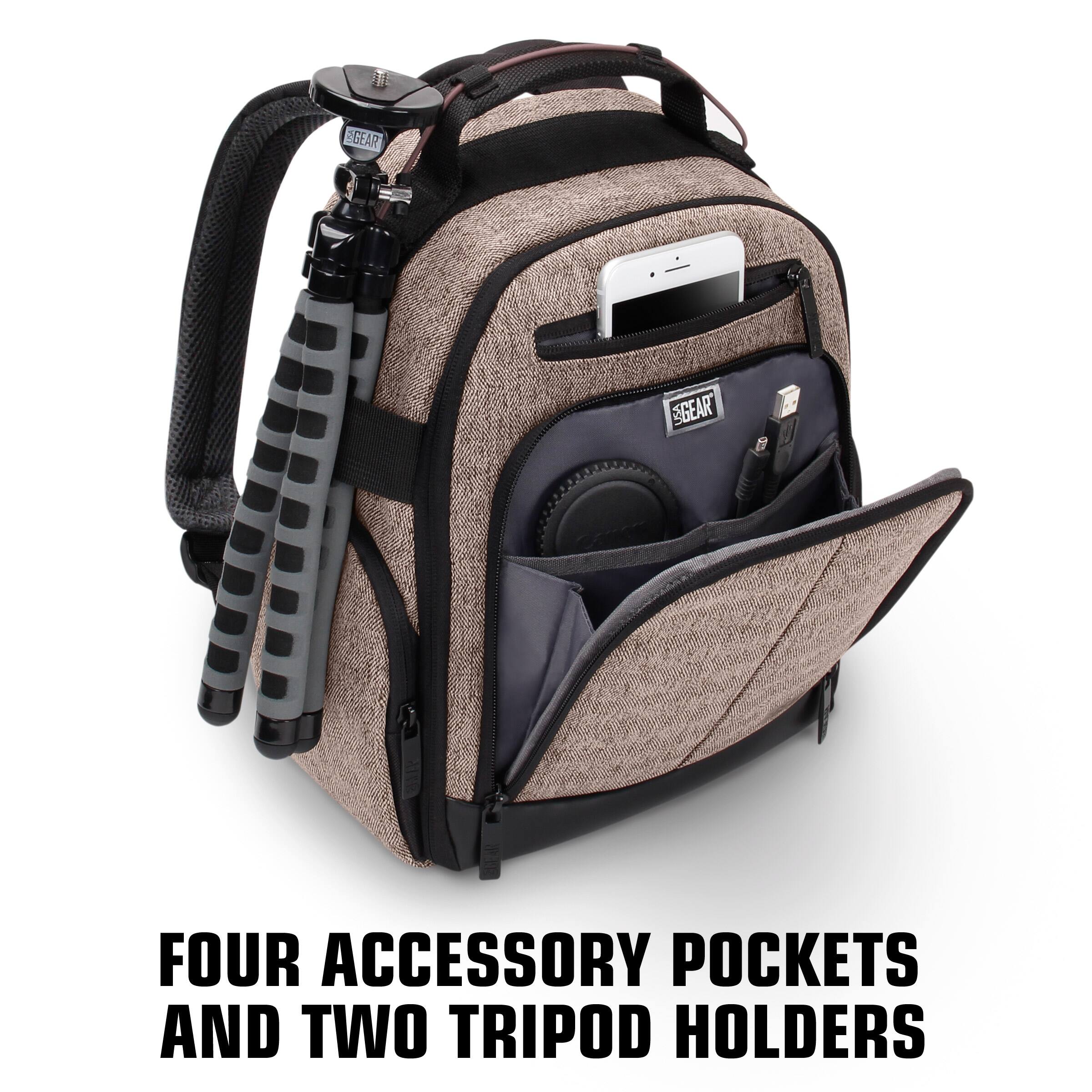 Four accessory pockets and two tripod holders