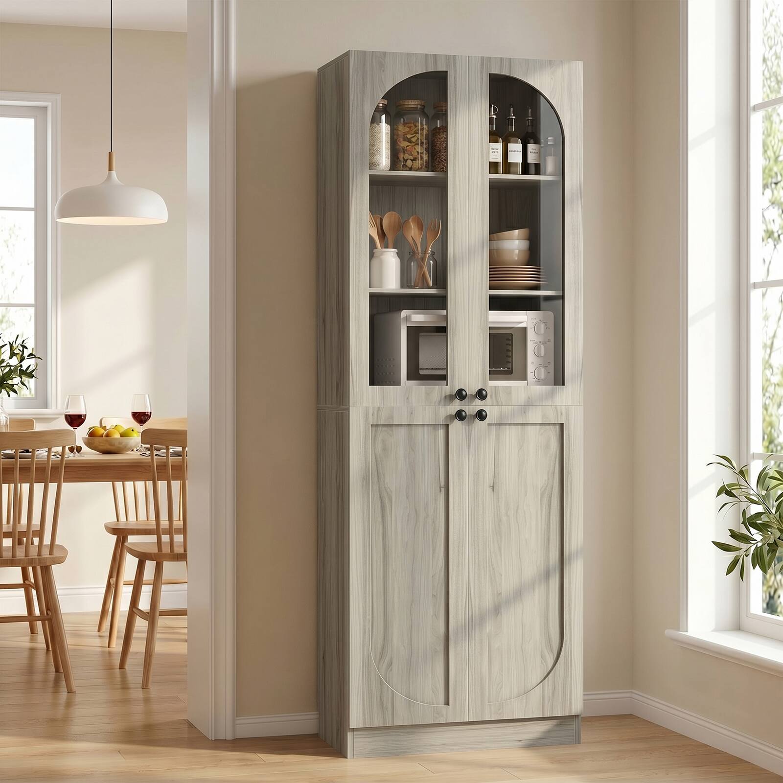 Back. Aheaplus - 80'' Tall Bathroom Storage Cabinet, 6-Tier Linen Cabinet with Glass Doors and Adjustable Shelves - Wash Gray.