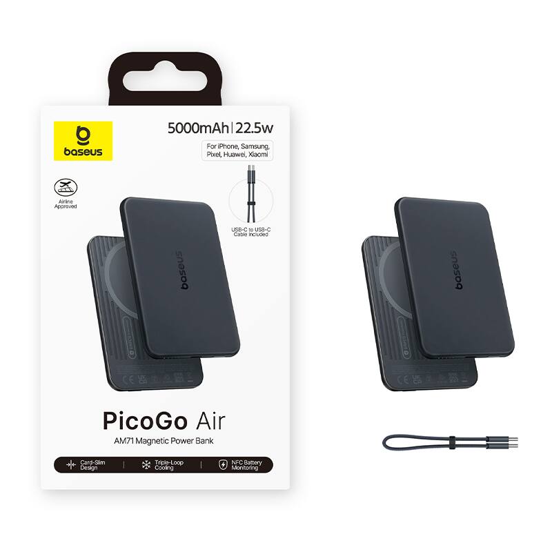 baseus 5000mAh | 22.5w For Phone, Samsung, Pixel, Huawei, Xiaomi Airline Approved baseus USB-C to USB-C Cable included baseus UK CE CE PicoGo Air AM71 Magnetic Power Bank Card-Slim Design Triple-Loop Cooling + NFC Battery Monitoring