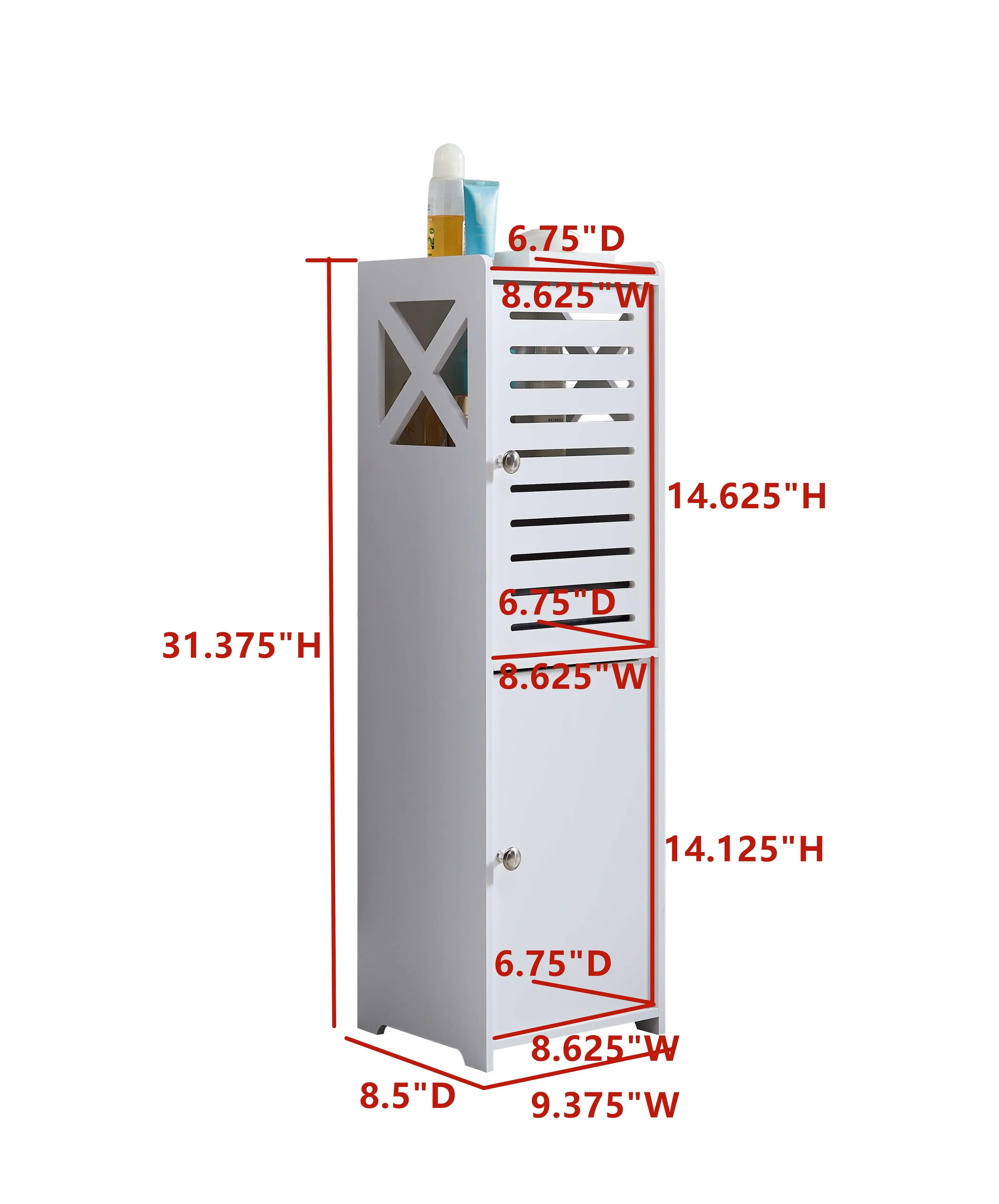 - 6.75" D
- 8.625" W
- 14.625" H
- 31.375" H
- 6.75" D
- 8.625" W
- 14.125" H
- 6.75" D
- 8.5" D
- 8.625" W
- 9.375" W