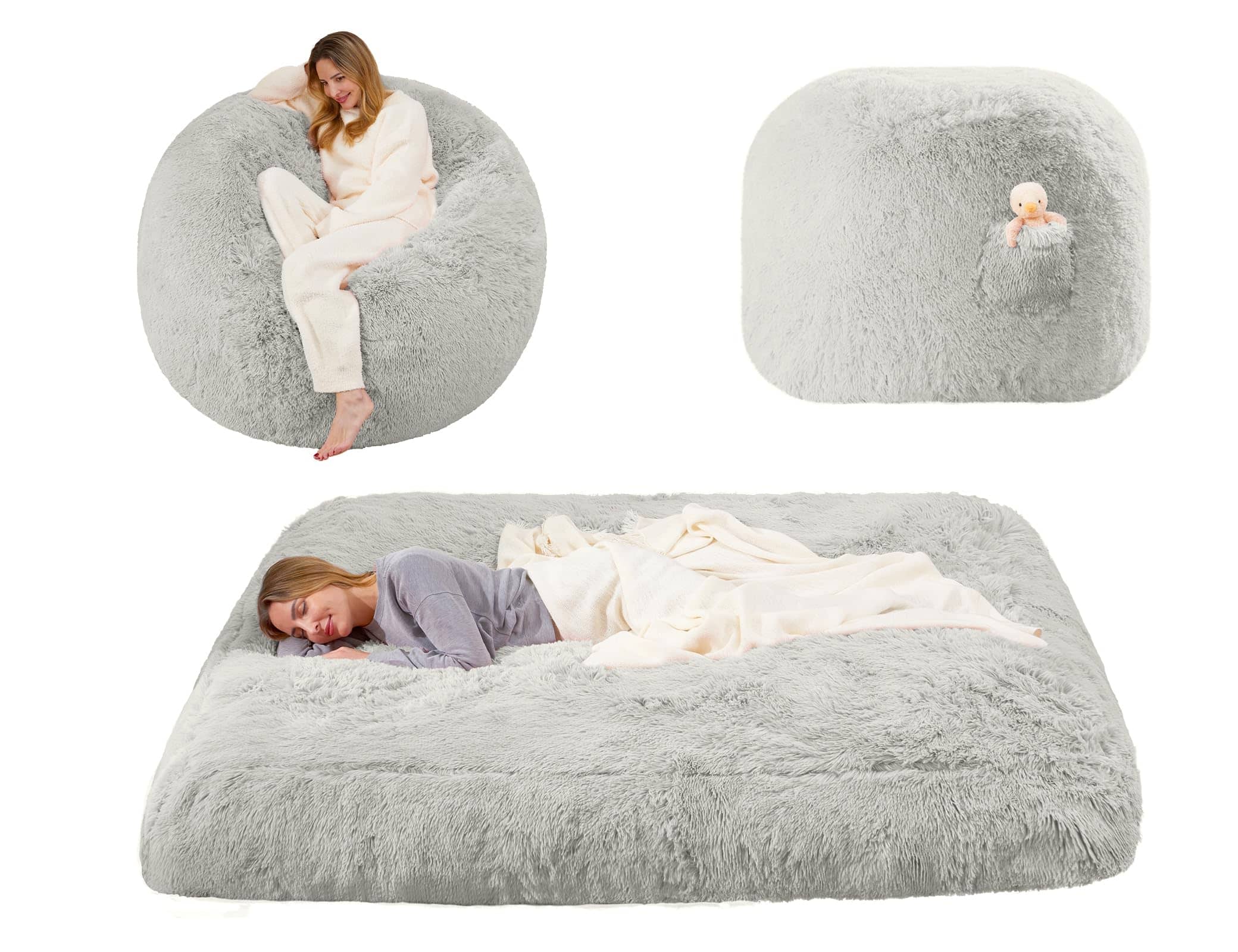 Front. PO3TICJUNKI3 - Bean Bag Bed Giant Chairs For Adults Large Floor Mattress Convertible Sofa Big Couch Removable Chair Foam F - Grey.