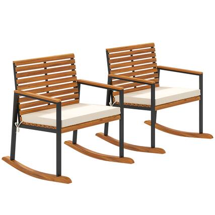Front. Outsunny - Outdoor Rocking Chair Set of 2, Acacia Wood Outdoor Rockers with Armrests, Cushion, Patio Wooden Rocking Chair Set - Cream White.