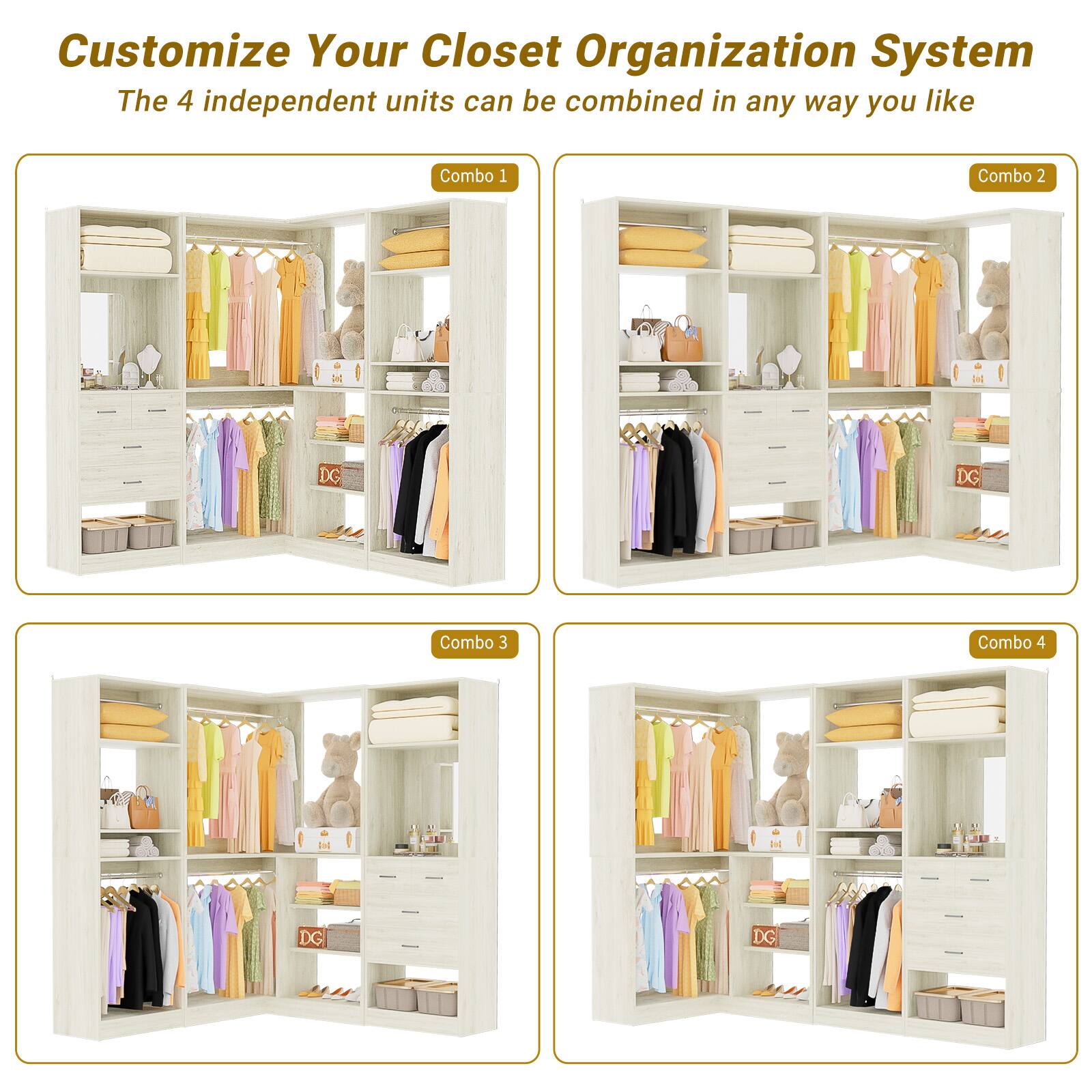 Customize Your Closet Organization System  
The 4 independent units can be combined in any way you like  

Combo 1  
Combo 2  
Combo 3  
Combo 4