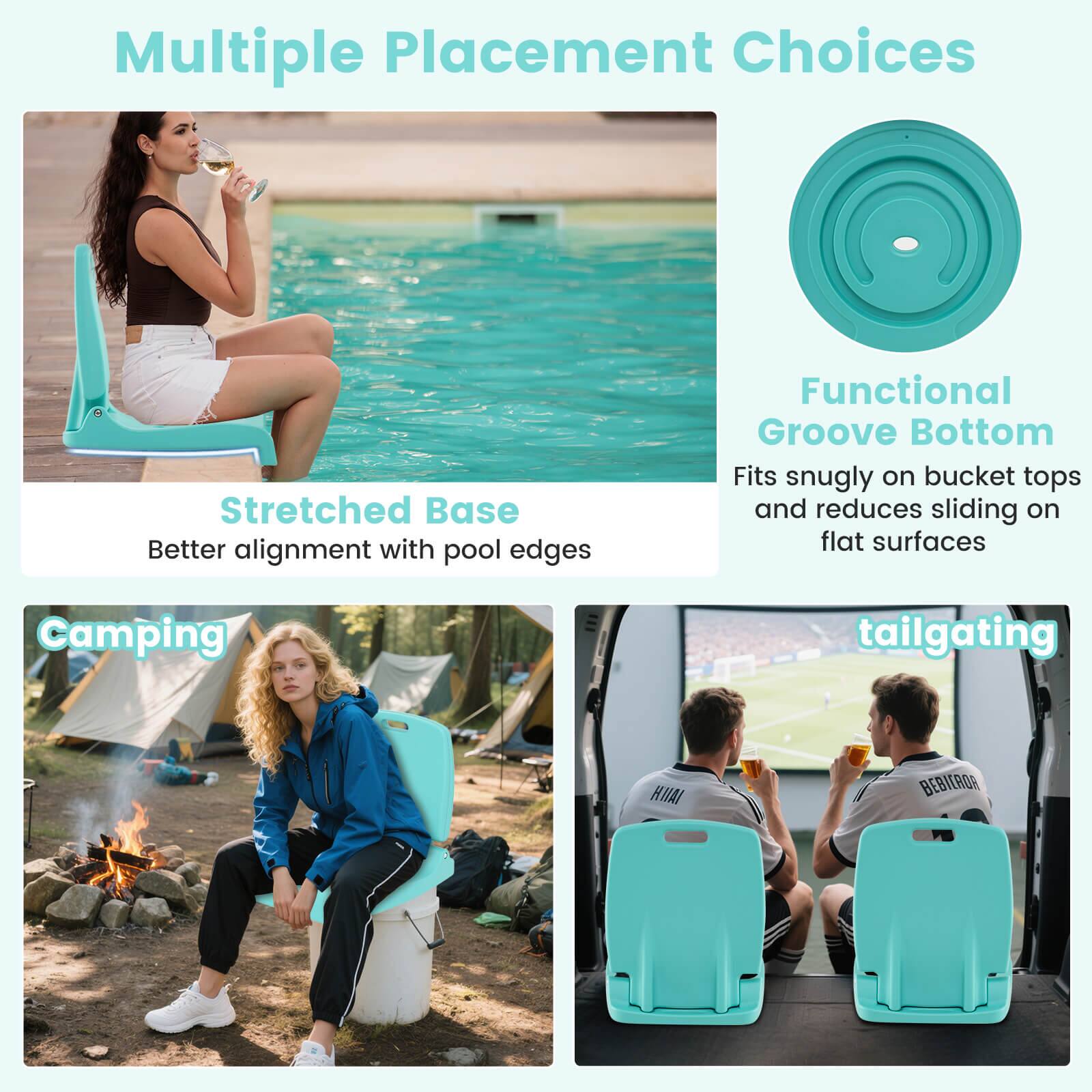 Multiple Placement Choices

Stretched Base  
Better alignment with pool edges

Functional Groove Bottom  
Fits snugly on bucket tops and reduces sliding on flat surfaces

Camping  
tailgating