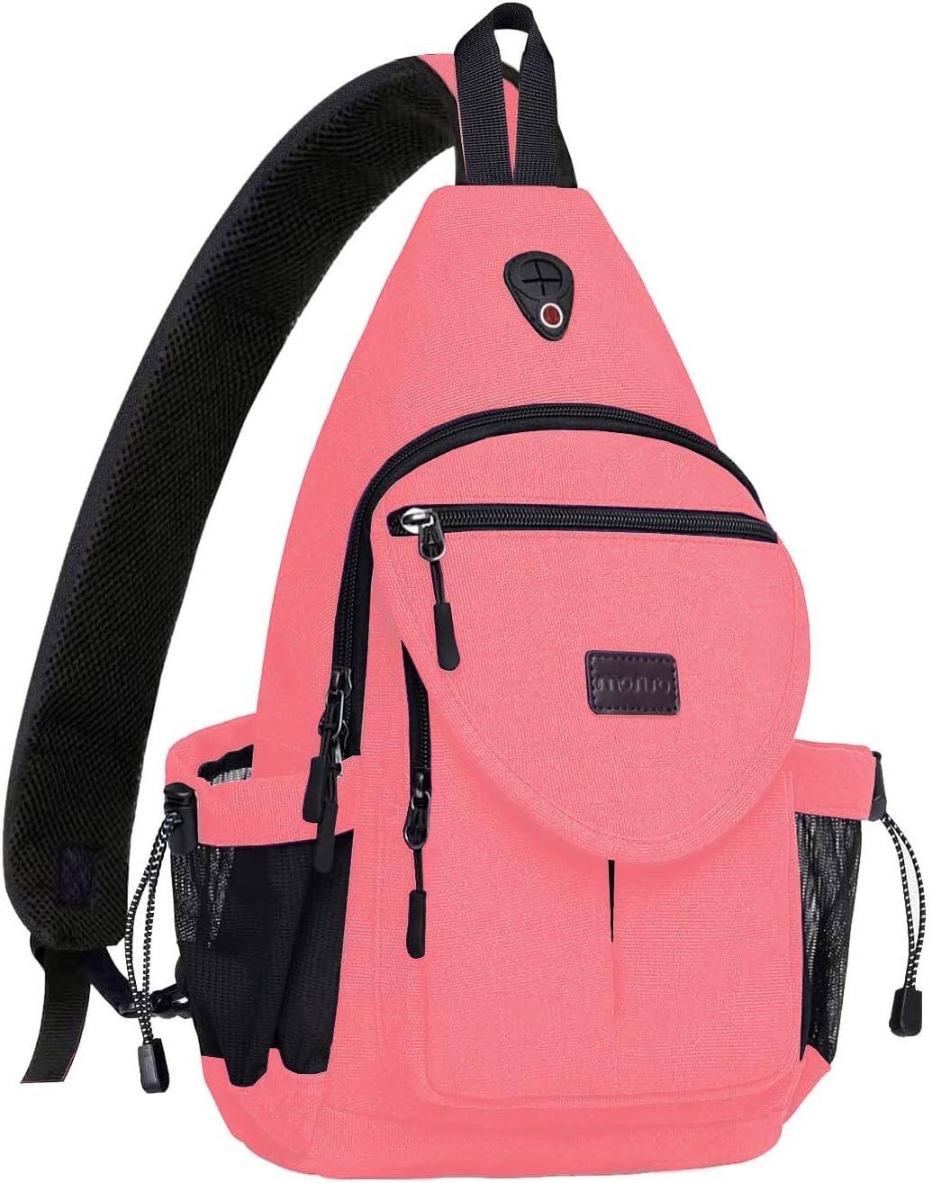 mosiso - Sling Backpack Canvas Crossbody Hiking Daypack Bag with Anti-theft Pocket - Cherry Pink