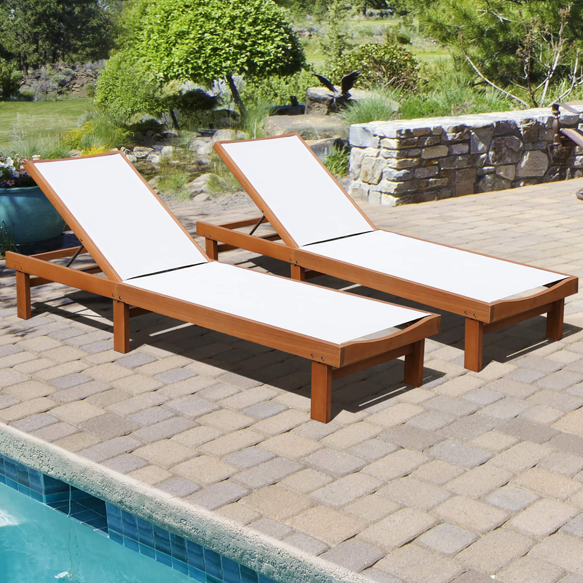 Gymax - 2PCS Patio Wooden Chaise Lounge Chair Recliner w/ Adjustable Backrest - Teak and White price history on PriceWatchPro