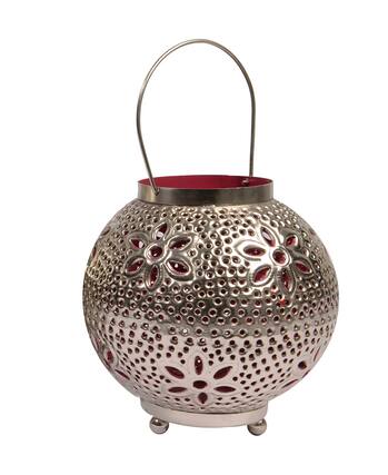 Front. Kaemingk - 8" Tropicalia Silver and Red Cut-Out Floral Votive Candle Holder - Red.