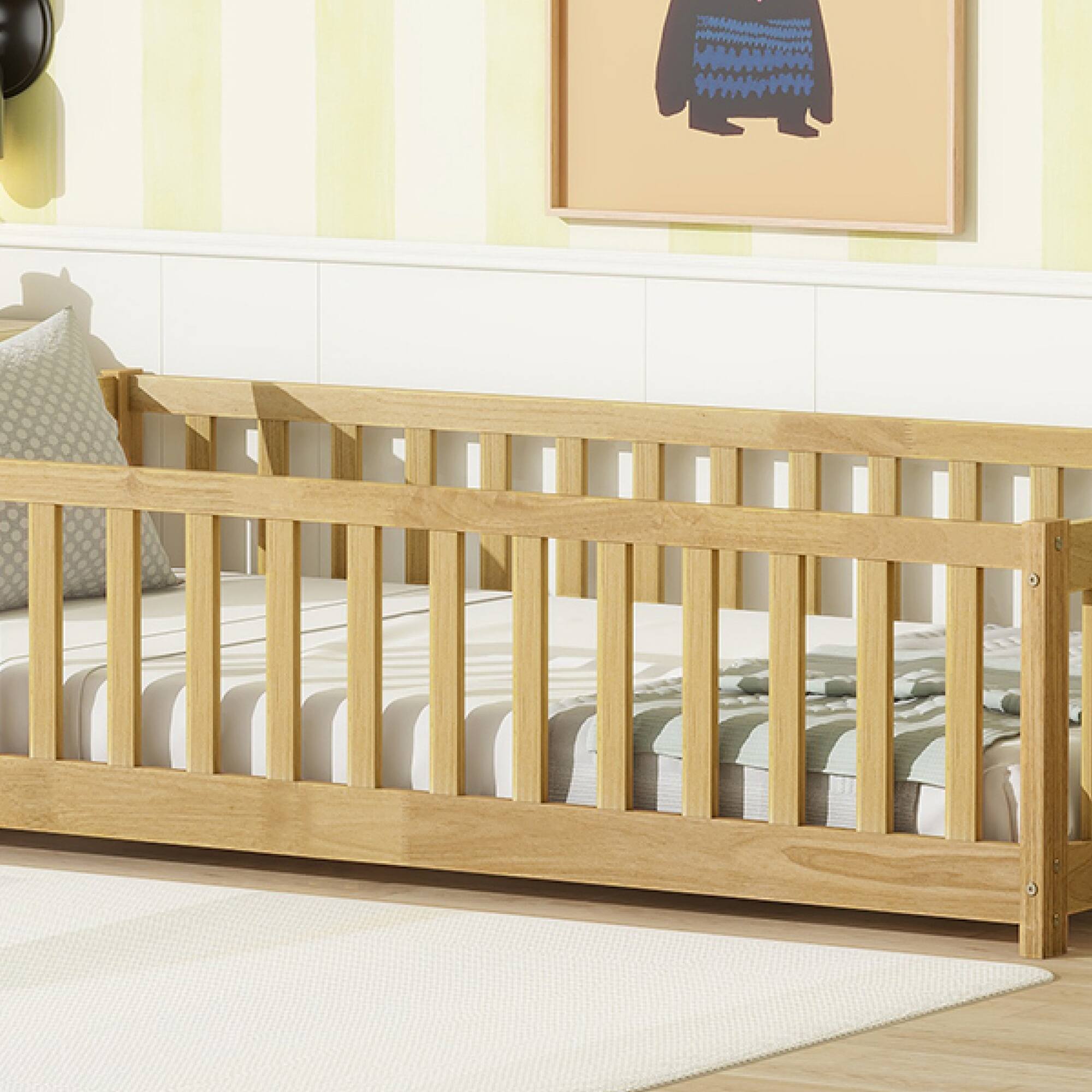 Alt View 5. GOODSILO - Twin Size Low-Profile Youth Bed with Secure Enclosure Frame, Solid Wood Construction, Neutral Finish - Natural.