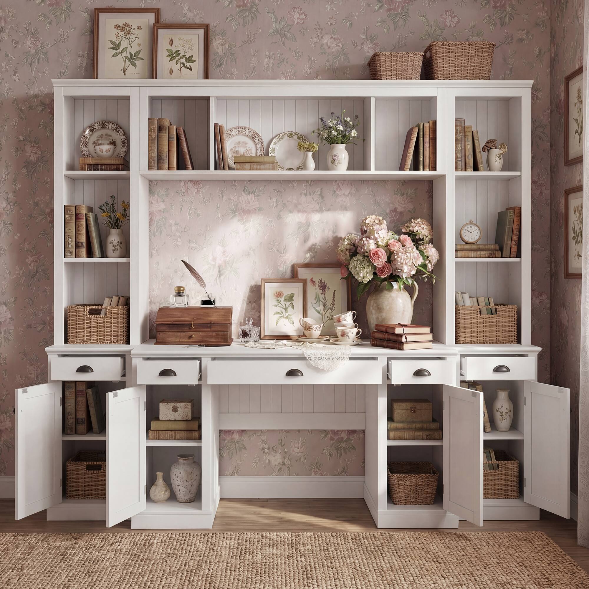 Famapy All in One Wall Bookcase Desk Combo – 5 Drawers, 9 Open