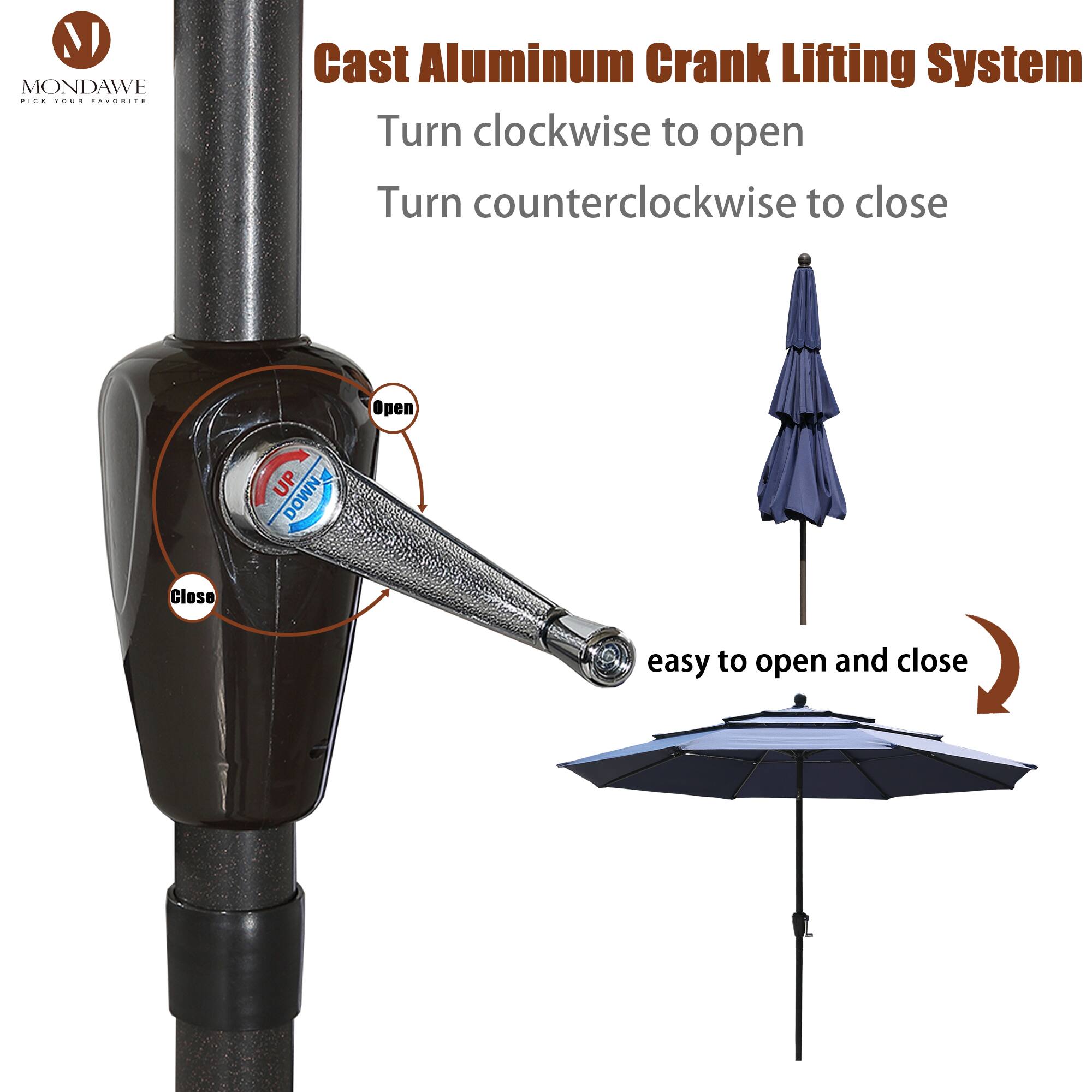 MONDAWE  
Cast Aluminum Crank Lifting System  
Turn clockwise to open  
Turn counterclockwise to close  

Open  
Close  

easy to open and close