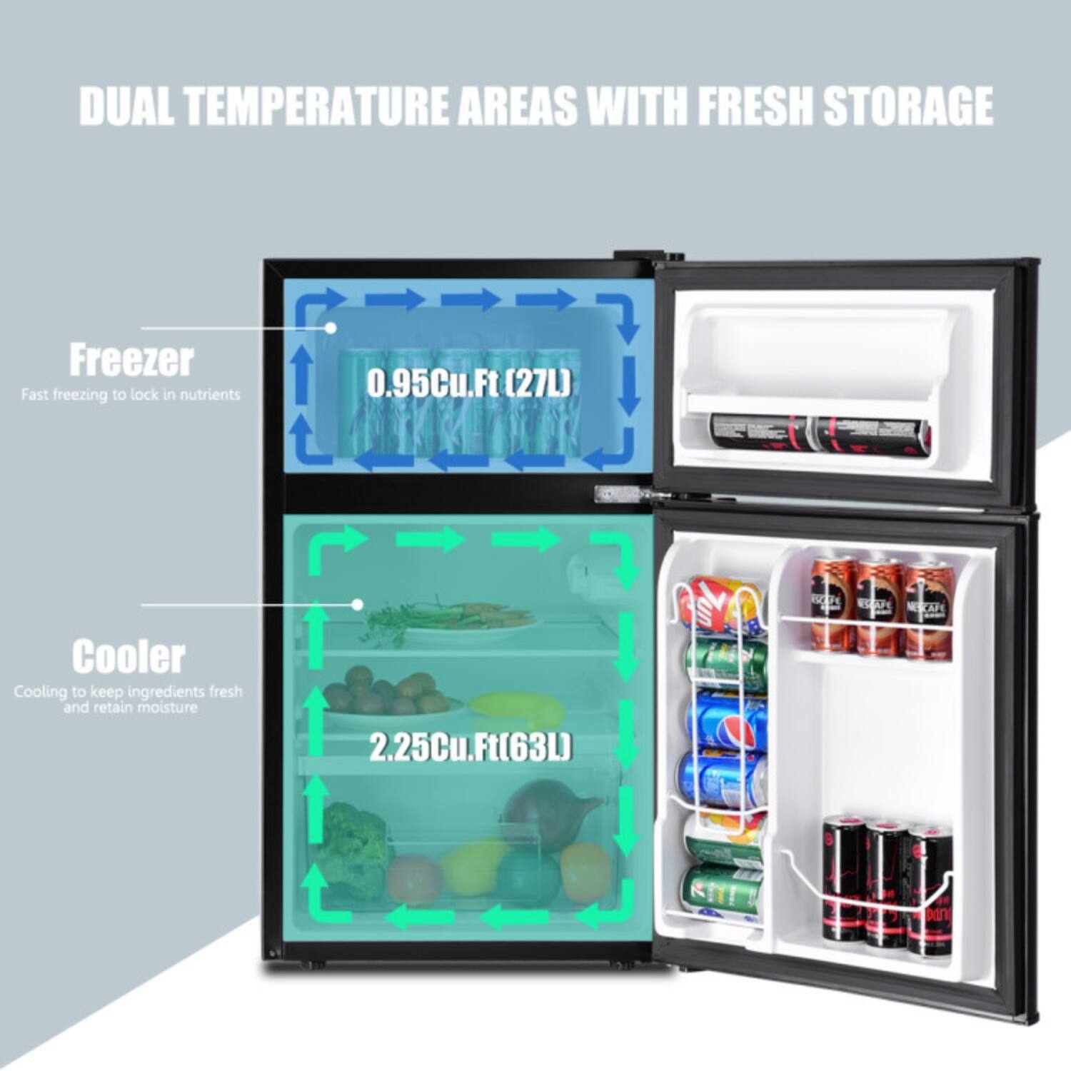 DUAL TEMPERATURE AREAS WITH FRESH STORAGE

Freezer
Fast freezing to lock in nutrients
0.95Cu.Ft (27L)

Cooler
Cooling to keep ingredients fresh and retain moisture
2.25Cu.Ft (63L)