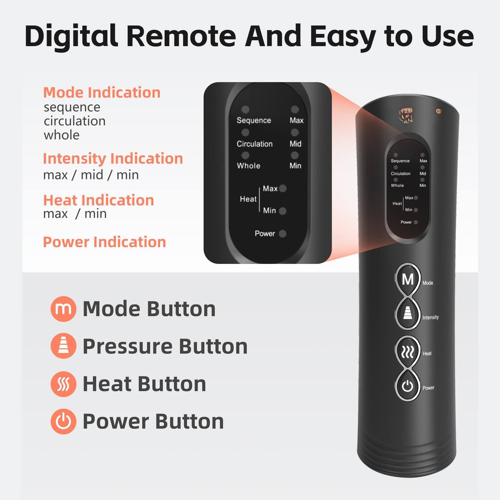 Digital Remote And Easy to Use

Mode Indication  
sequence  
circulation  
whole  

Intensity Indication  
max / mid / min  

Heat Indication  
max / min  

Power Indication  

Mode Button  
Pressure Button  
Heat Button  
Power Button