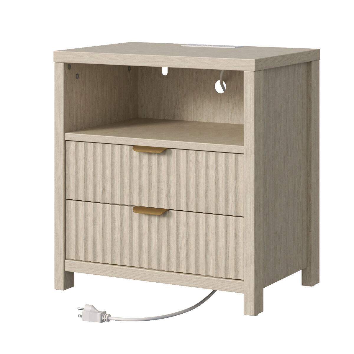 Alt View 6. Furnulem - 19.7 In Modern Nightstand  Bedside Table with Charging Station 2 Wood Slide Drawers - Beige.