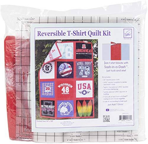 Reversible T-Shirt Quilt Kit

Tailor A A 6 ARROWHEAD HEAD ATHL. D

Join t-shirt blocks with Sash-in-a-Dash
Just tuck and sew

USA
WISCONSIN
48
BE THE BEST
BEAST BLINBER
DTRENST

Add T-Shirts!

14W x 20 48
14W x 20 48

MAPEESS
1.3W

1400

LA
MO

Just tuck and sew

Tailor
www.tailor.com

Made in USA