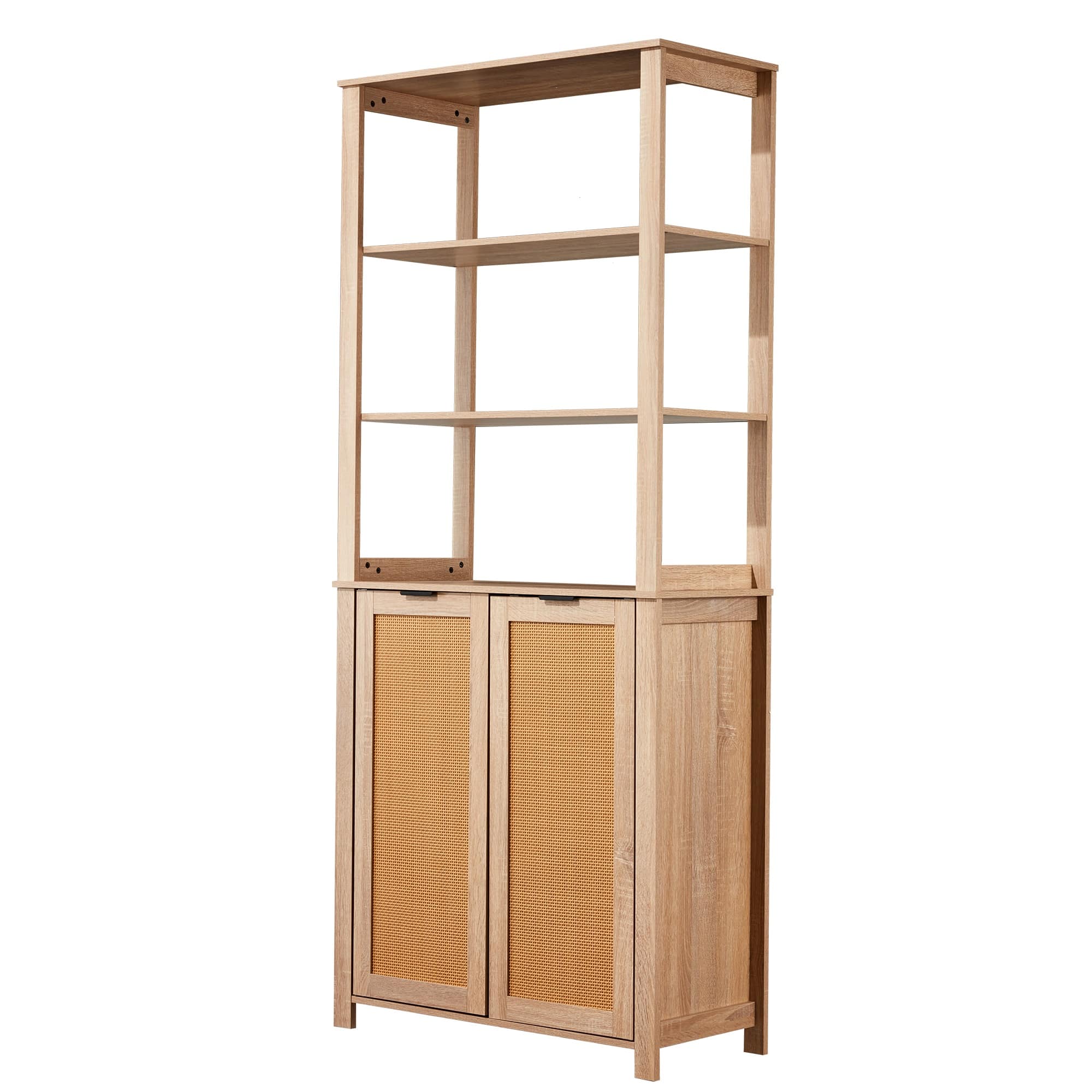 U-HOMY - Rattan Bookcase with Cabinet – Farmhouse Storage Shelf, Durable MDF, 3-Tier Bookshelf for Living Room - Beige