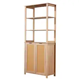 U-HOMY - Rattan Bookcase with Cabinet – Farmhouse Storage Shelf, Durable MDF, 3-Tier Bookshelf for Living Room - Beige