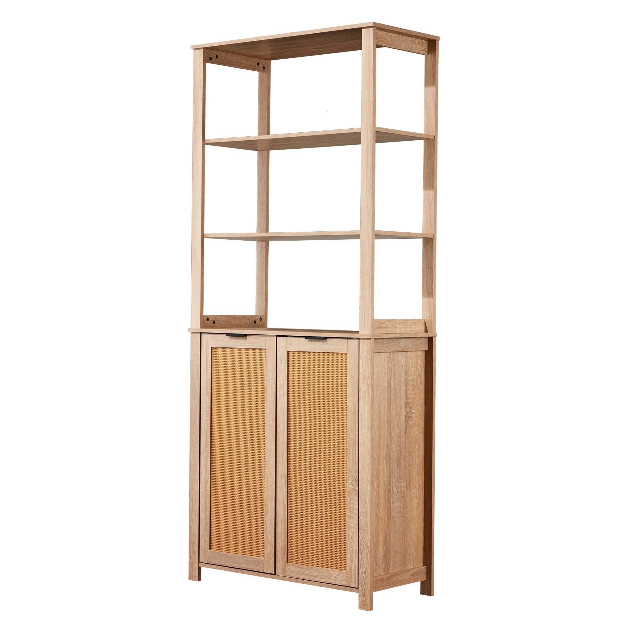 Front. U-HOMY - Rattan Bookcase with Cabinet, Freestanding Bookcase with Doors and Open Storage Shelves for Living Room - Beige.
