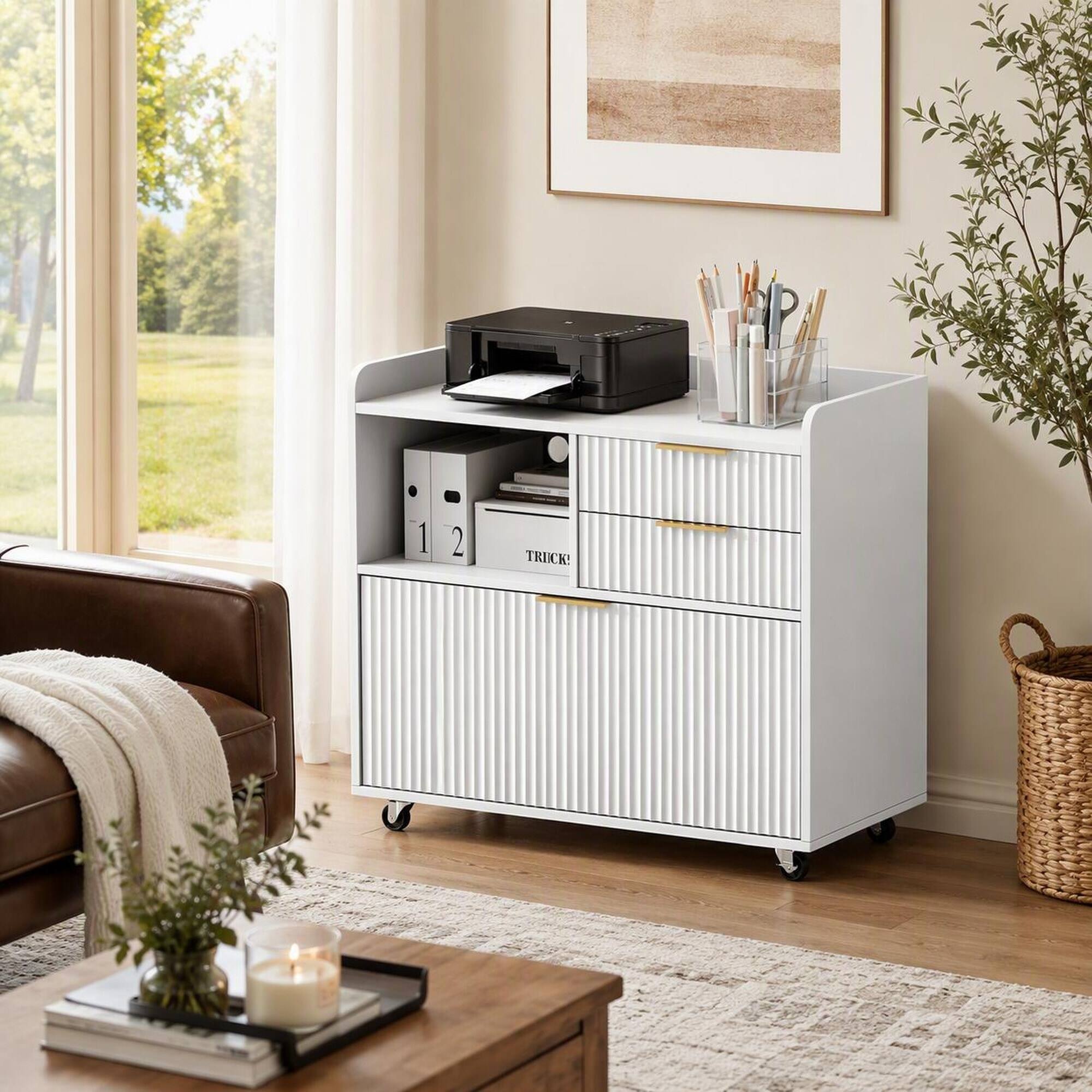 Angle. RYHNUYNE - 3-Drawer Mobile File Cabinet with Charging Station and Open Shelf, White Particle Board Office Storage Cabinet.