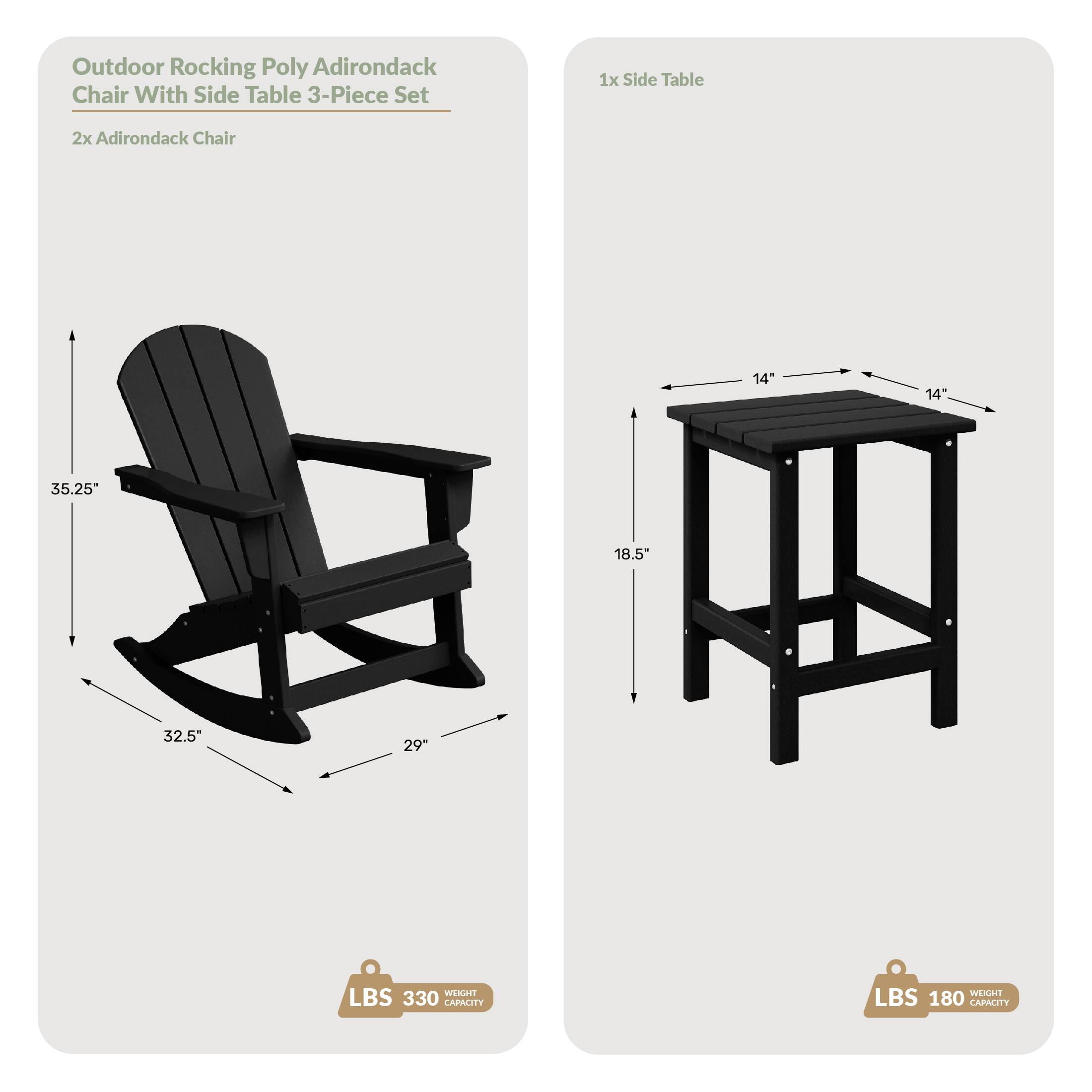 Outdoor Rocking Poly Adirondack Chair With Side Table 3-Piece Set

1x Side Table
2x Adirondack Chair

Dimensions:
- Side Table: 14" x 14" x 18.5"
- Adirondack Chair: 35.25" x 32.5" x 29"

Weight Capacity:
- Side Table: 180 LBS
- Adirondack Chair: 330 LBS